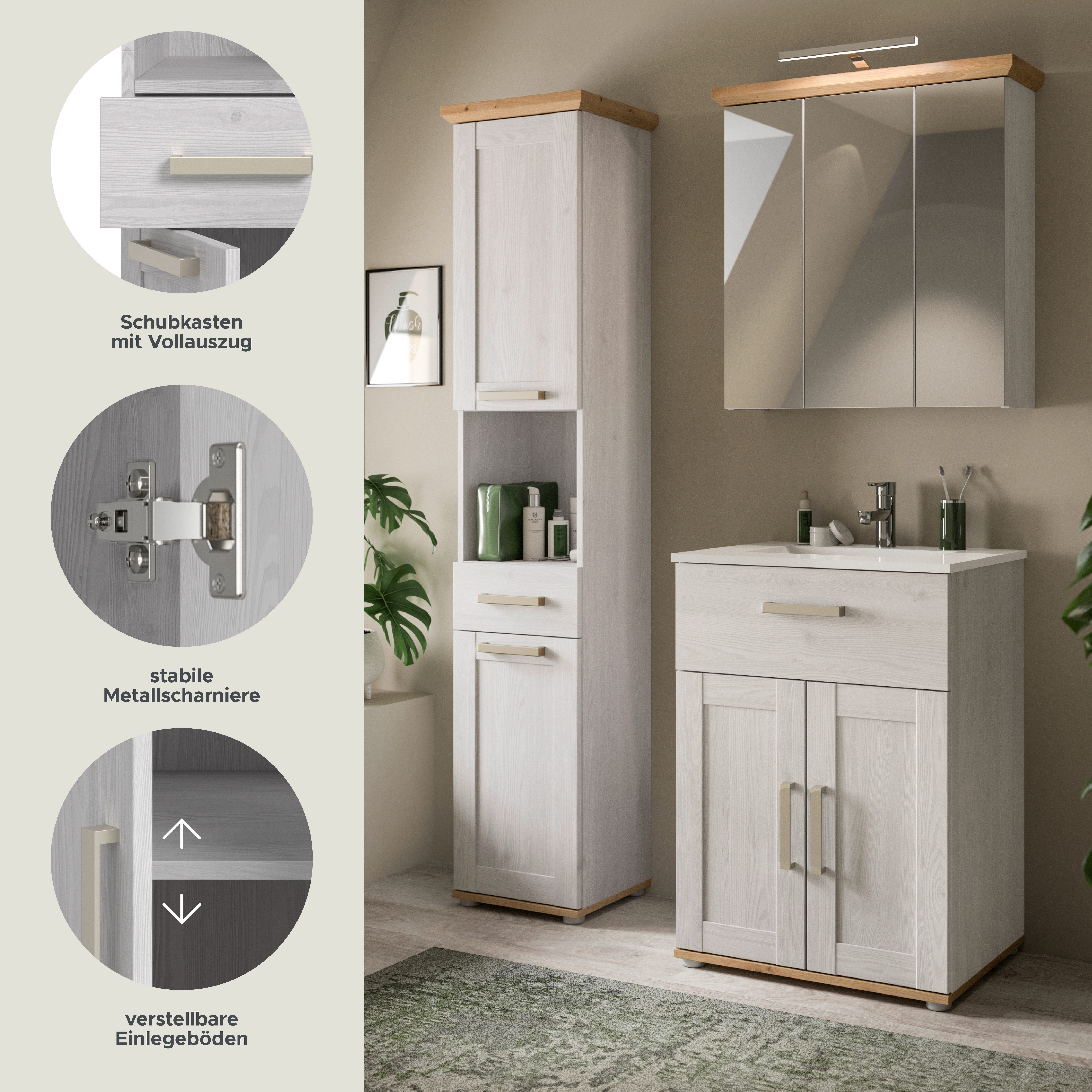 welltime Badmöbel-Set COSENZA, 3-teilig, inkl. Beleuchtung, mit farblich abgesetztem Kranz, (4-St., best.aus: Hochschrank, Waschtisch inkl. Waschbecken & Spiegelschrank), Bad-Kombination, Badezimmer, Kombi, Bad, Bad-Möbel