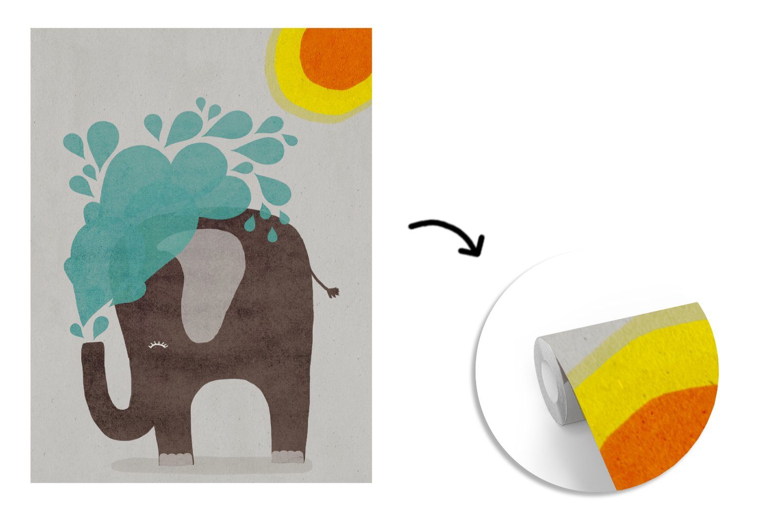 MuchoWow Fototapete Elefant - - Matt, Kind Wohnzimmer, - Tapete Vinyl (4 bedruckt, St), Wasser Sonne, für Wandtapete Montagefertig