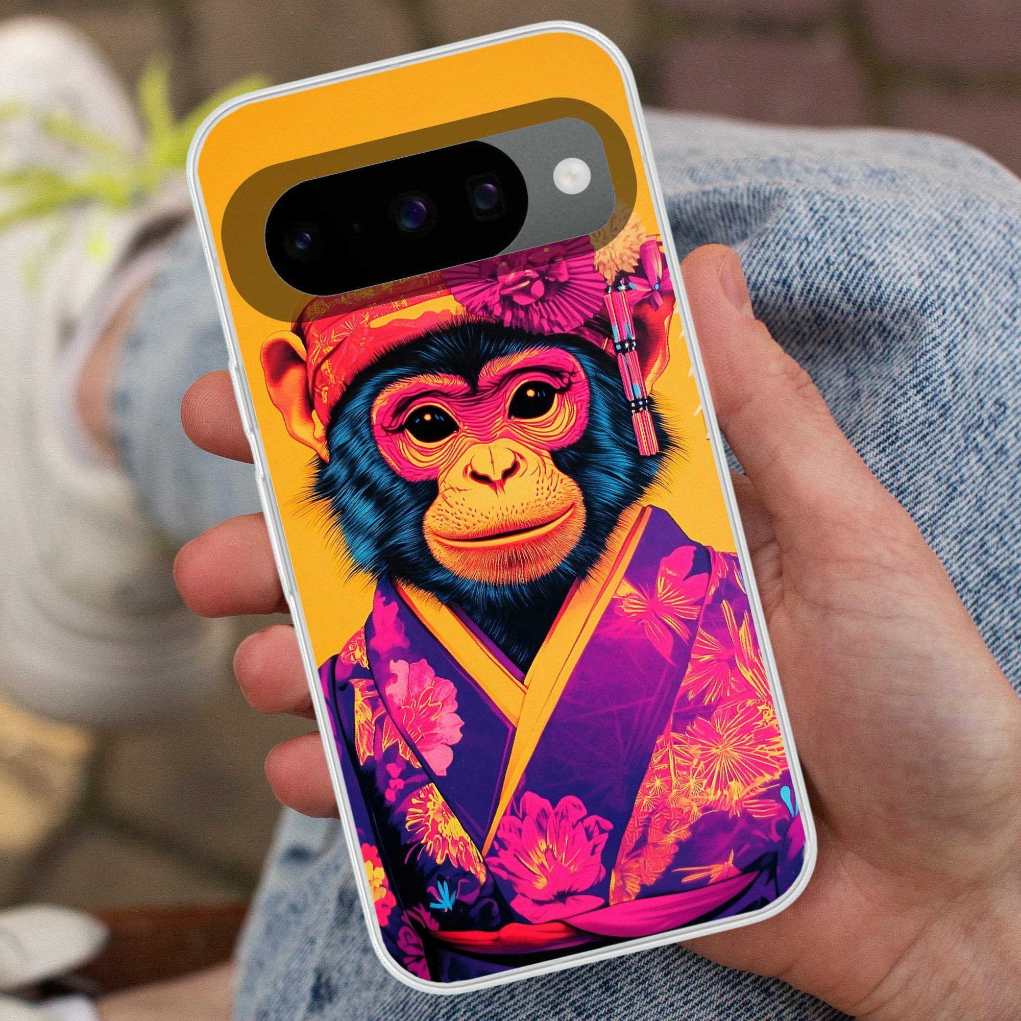 MuchoWow Handyhülle für Google Pixel 10 Pro Affe - Kimono - Blumen - Kopfschmuck, Handy Case, Silikon, Bumper Case Dünn