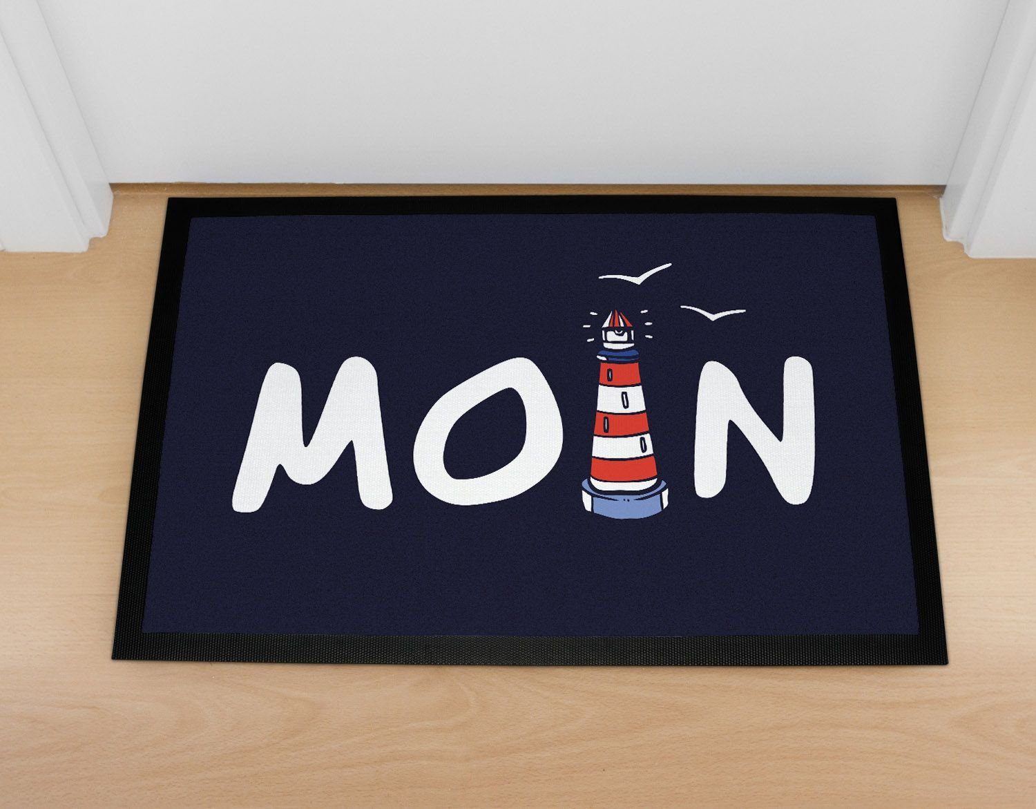 Fußmatte Fußmatte Moin maritim Leuchtturm norddeutsch Hallo Willkommen rutschfest & waschbar Moonworks®, rechteckig