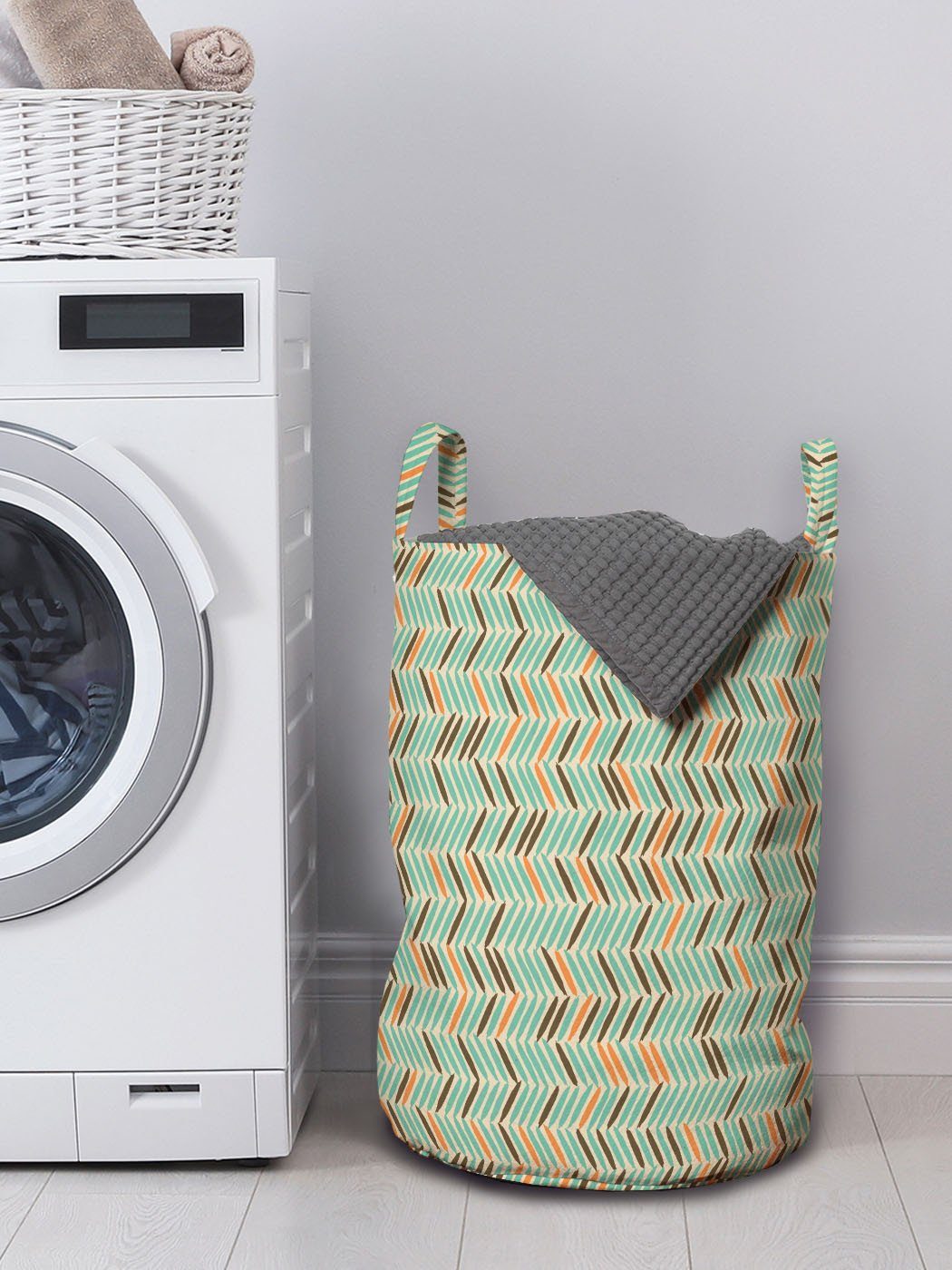 Wäschekorb Abakuhaus Geometrisch für mit Kordelzugverschluss Griffen Wäschesäckchen Waschsalons, Zick-Zack-Muster