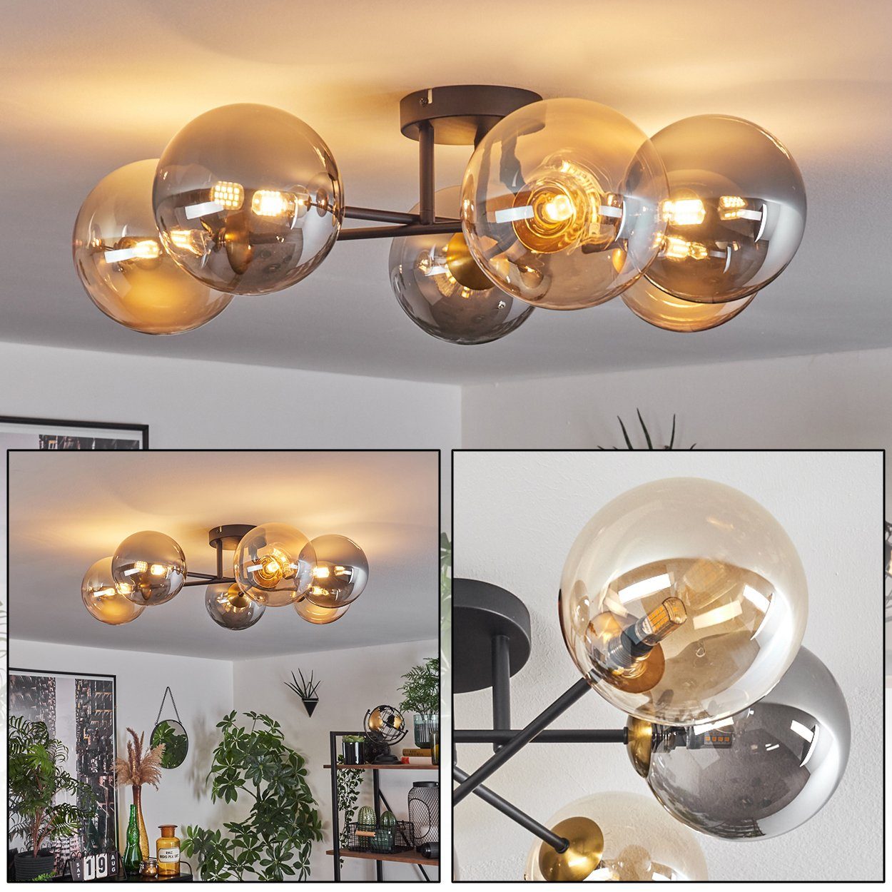hofstein Deckenleuchte Deckenlampe, Metall/Glas in Schwarz/Goldfarben/Rauch günstig online kaufen