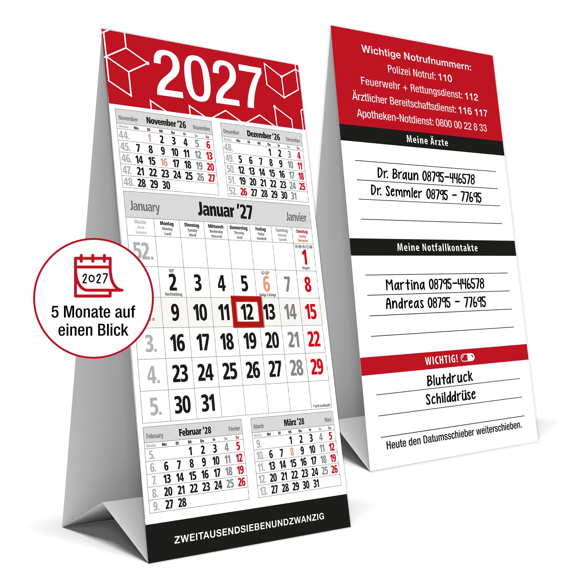 TOBJA Tischkalender Tischkalender 2027 Senior Hochformat 5 Monate Datumsschieber FSC, Notrufnummern, Notfallkontakte, 5 Monate, FSC, Aufsteller