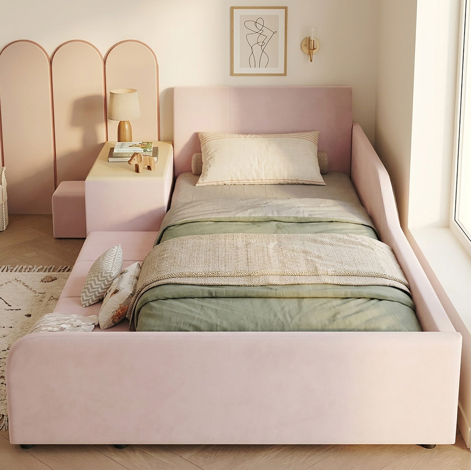 REDOM Polsterbett Kinderbett mit Schreibtisch und Hocker (90x200 cm Samt, Weiches Kopfteil, Robuste Holzlatten, Inklusive Ablageboden, Ideal für Schlafzimmer & Jugendzimmer), Inklusive Matratze