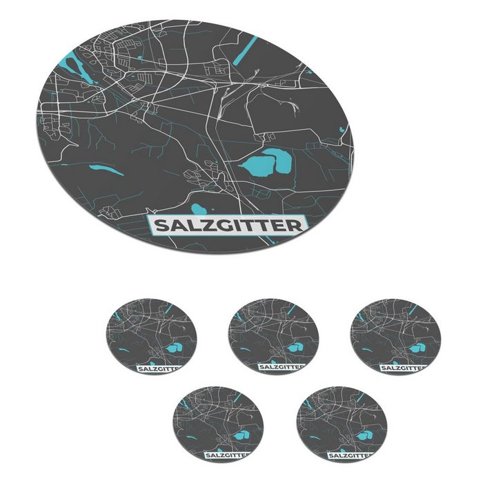 MuchoWow Glasuntersetzer Karte - Stadtplan - Salzgitter - Deutschland - Blau Zubehör für Gläser 6-tlg. Getränkeuntersetzer Tassenuntersetzer Korkuntersetzer Tasse Becher