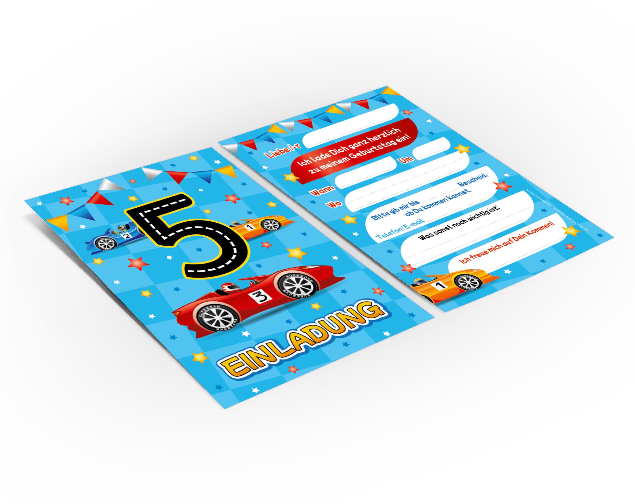 JUNAPACK Einladungskarten Auto zum 5. Kindergeburtstag Jungen Einladungen Rennauto Umschläge, Einladungskarten mit Umschlägen zum 5. Geburtstag Auto – Bild 4 von 5