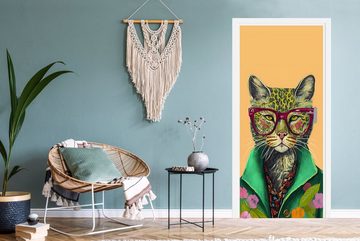 MuchoWow Türtapete Tiere - Katze - Brille - Blumen - Hippie, Matt, bedruckt, (1 St), Fototapete für Tür, Türaufkleber, 75x205 cm