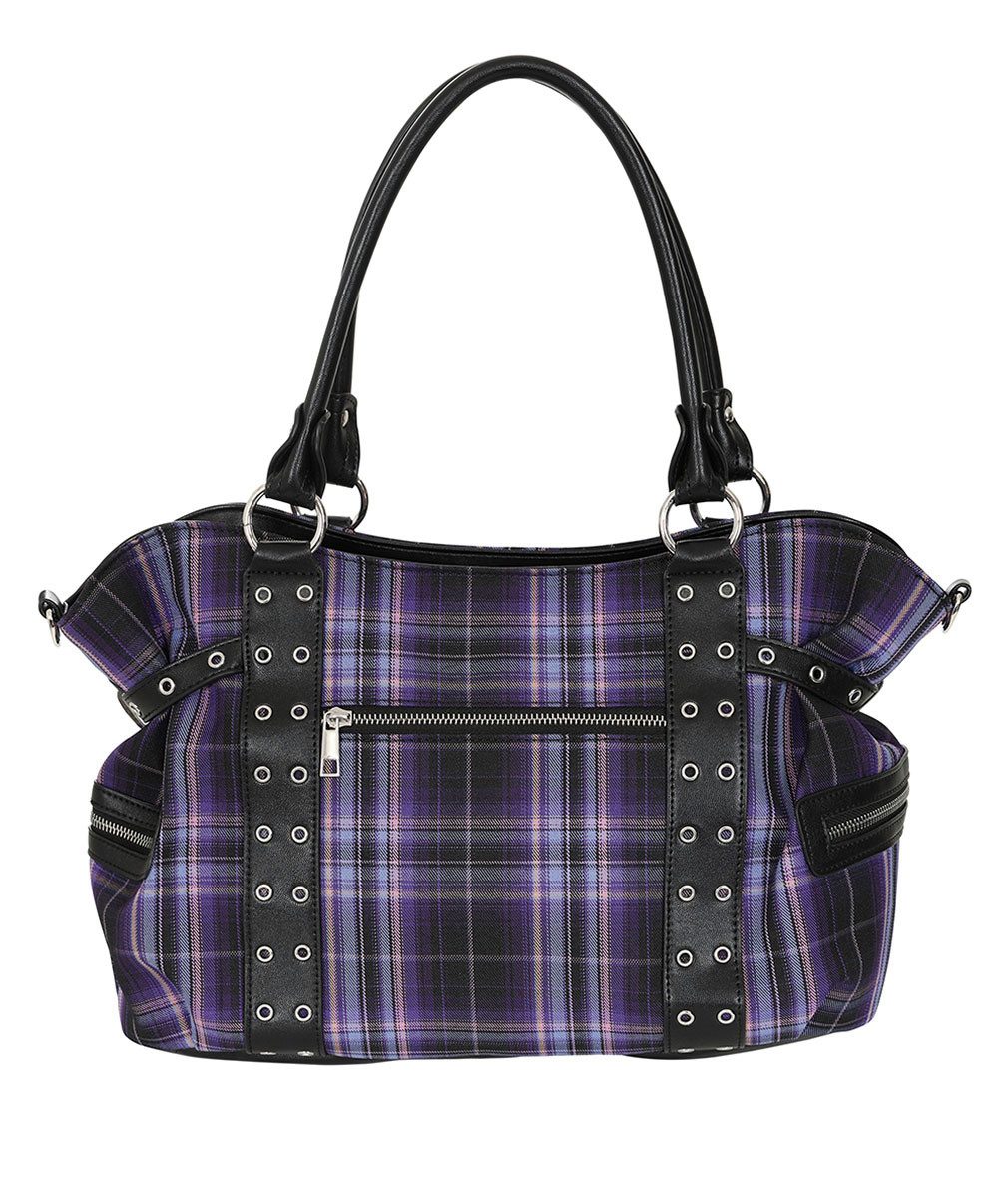 Banned Schultertasche Rise Up Violett, Tartan Handtasche Punk Nieten