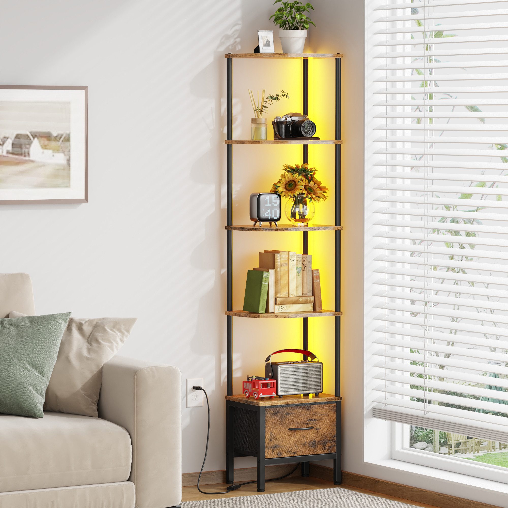 OYRREU Bücherregal Wohnzimmer, Homeoffice Eckenregal, LED-Beleuchtung, Helligkeit & Farbe einstellbar, Regal, 1-Stk., Wohnzimmerregal, Stauraumregal, App-gesteuert, 5 Ebenen, schmal, Aufbewahrungsregal