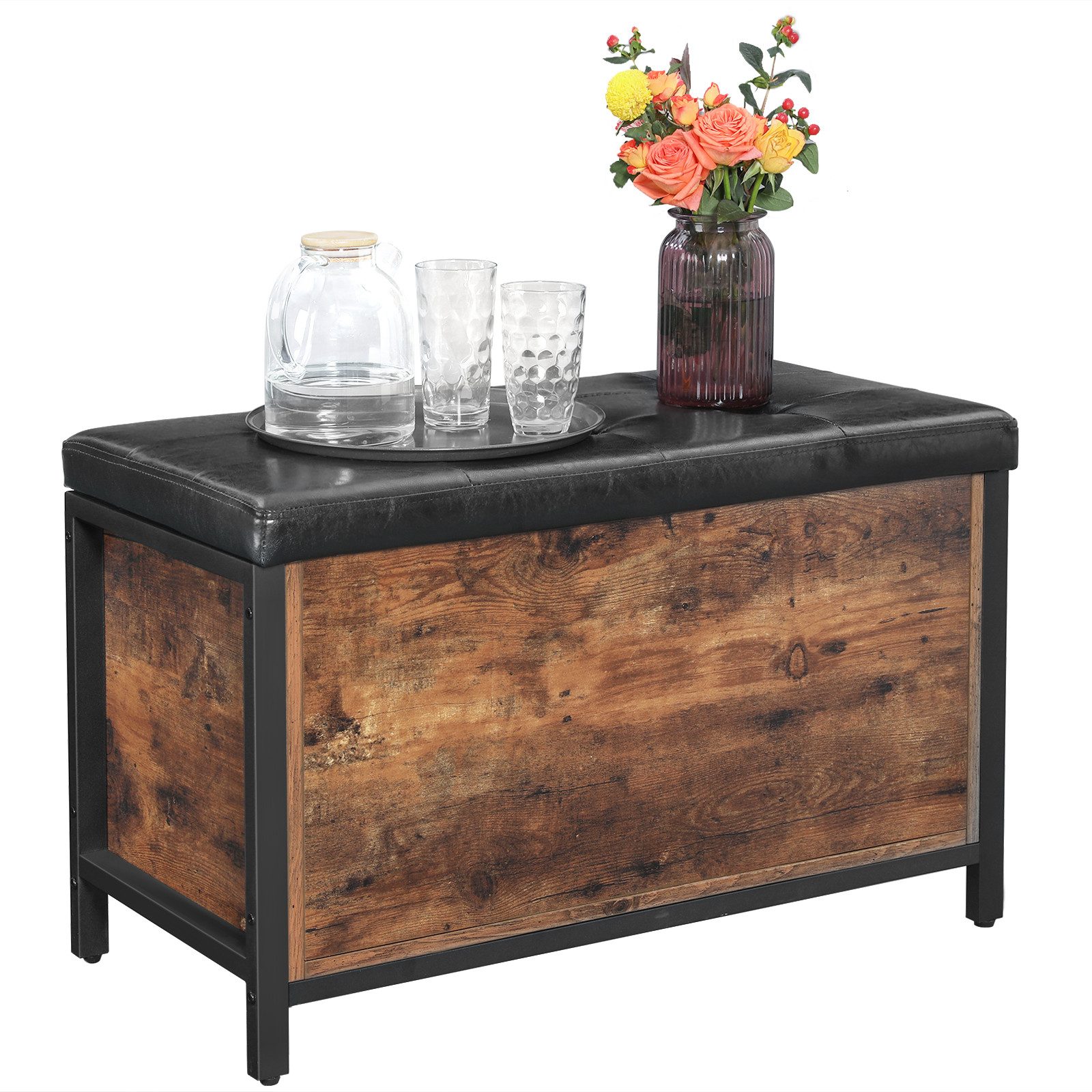 VASAGLE Sitzbank Sitzhocker mit Stauraum, für Schlafzimmer, Wohnzimmer, 80 x 40 x 50 cm, gepolsterte Truhe, Metall, einfacher Aufbau, Kunstleder, Industriestil