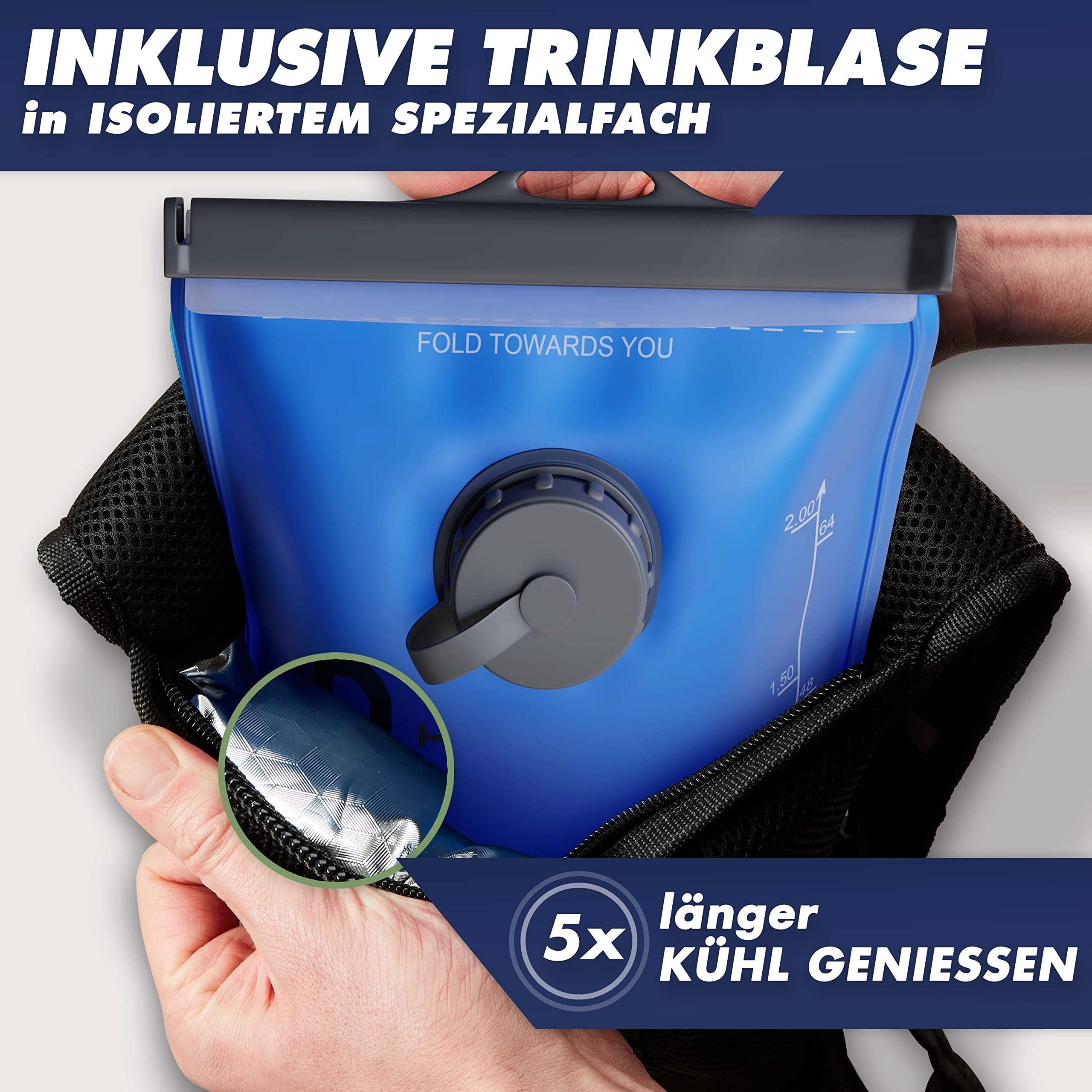 Sasmo Trinkrucksack mit Thermofach, Trinkrucksack Laufen - Ultraleicht, Laufrucksack Damen & Herren inklusive Regenschutz & Reflektoren