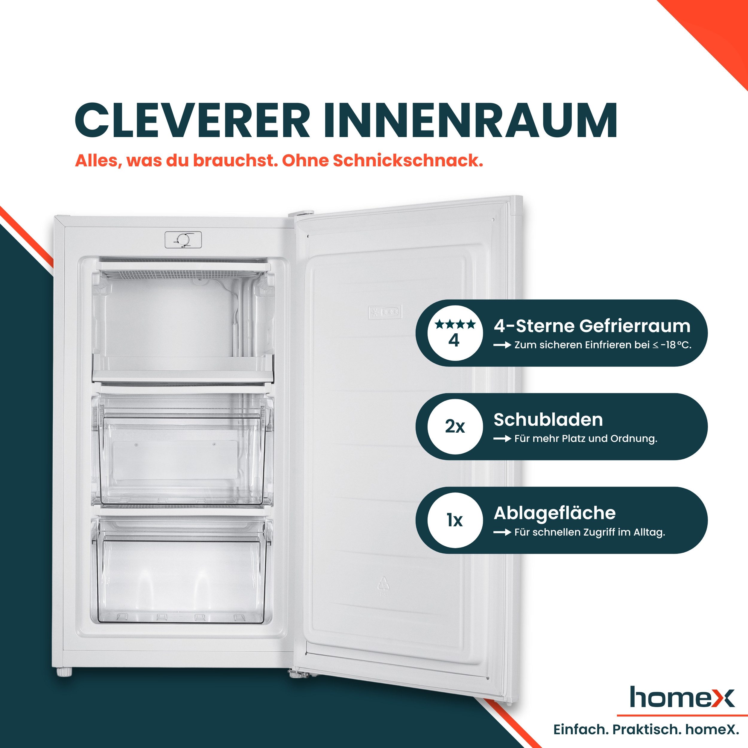 homeX Gefrierschrank FS1016-W, 85 cm hoch, 47.5 cm breit, 60 Liter, Tiefkühlschrank klein, Freezer, 4-Sterne Gefrieren, leise
