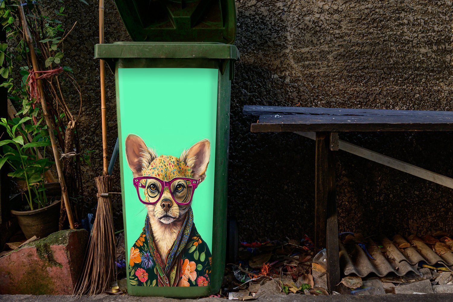 - - Chihuahua (1 Sticker, St), Container, Hund Mülleimer-aufkleber, Abfalbehälter Wandsticker Blumen Brille Mülltonne, Tier - - MuchoWow