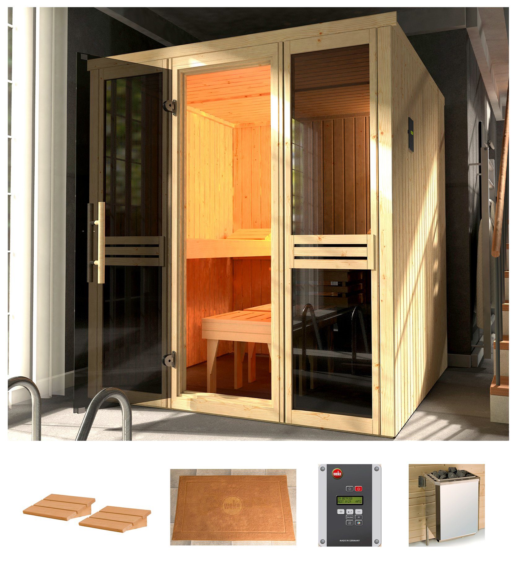 weka Sauna Classic, BxTxH: 177 x 194 x 199 cm, 68 mm, 7,5 kW Bio-Kombiofen mit ext. Strg.