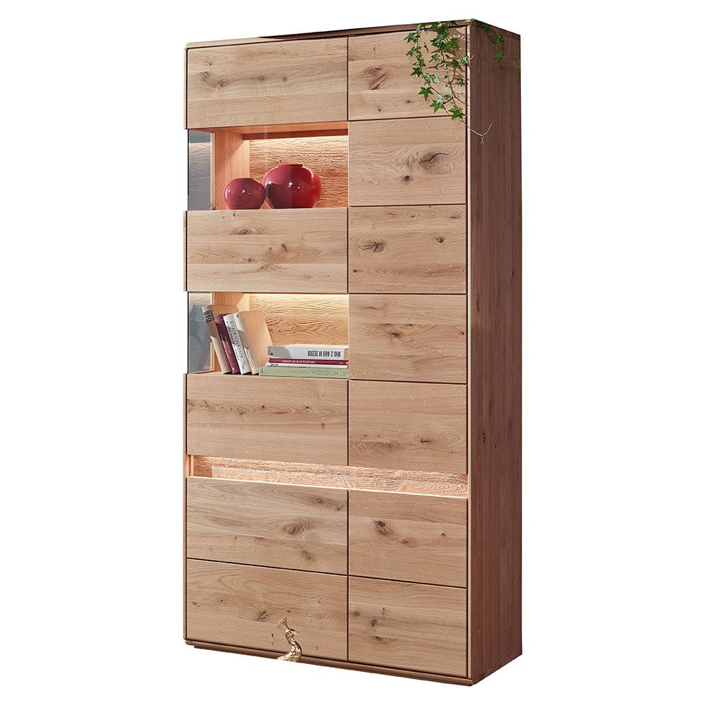 Lomadox Vitrine WELLAND-69 103 cm, Eiche massiv geölt mit LED-Beleuchtung, Türanschlag links