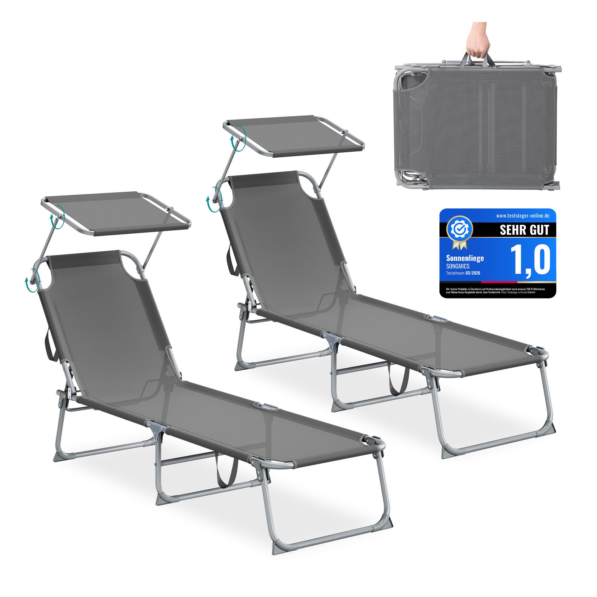 SONGMICS Gartenliege, Sonnenliege klappbar, belastbar bis 110 kg, verstellbare Sonnenblende