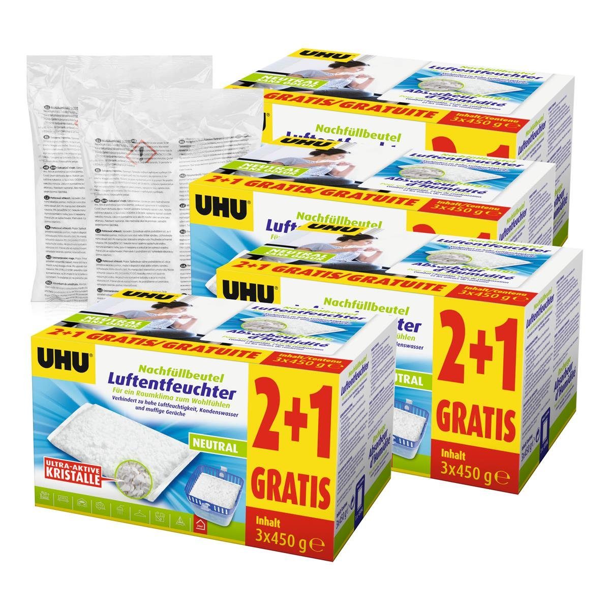 UHU Luftentfeuchter Granulat Nachfüllbeutel – 3x 450g Für Frische Luft Bis 35 M²