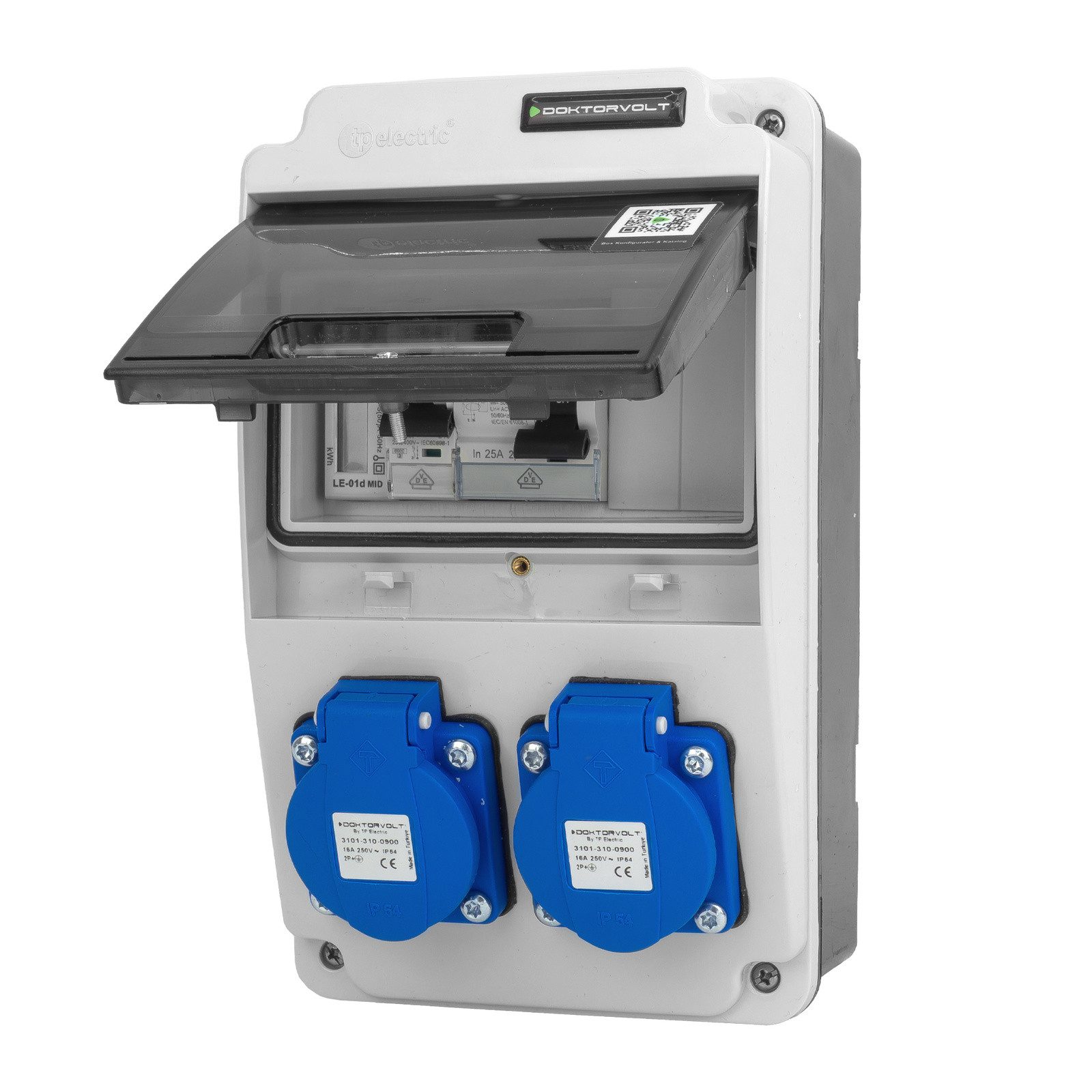 Doktorvolt Baustromverteiler 2x230V 16A LS & FI-schalter Energieverbrauchszähler Steckdosenverteiler