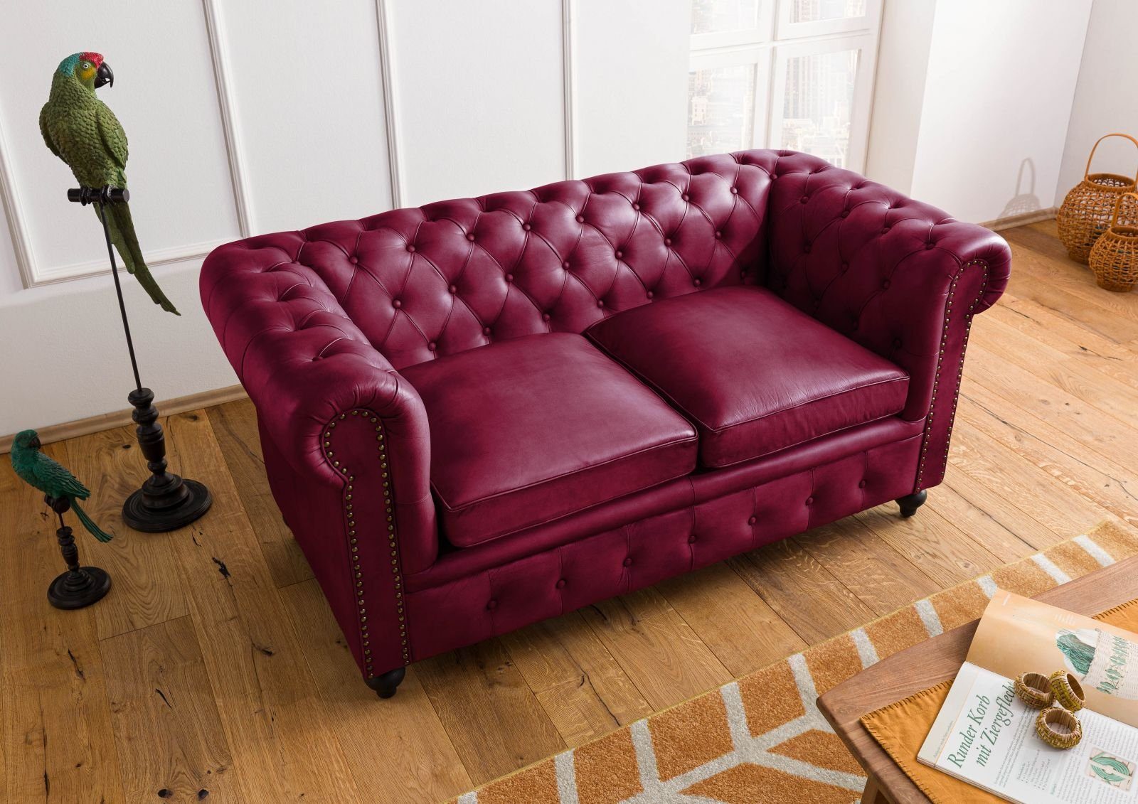 Massivmoebel24 Sofa CHESTERFIELD, Sofa 2-Sitzer Echtleder 158x82x75 rot CHESTERFIELD #402