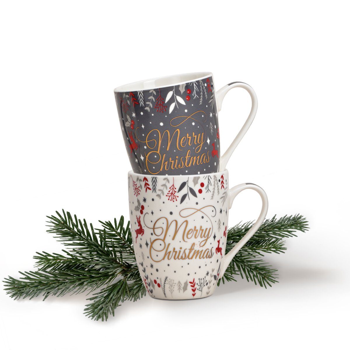 matches21 HOME & HOBBY Tasse Weihnachtassen 2er Set mit Spruch Merry Christmas Kaffeetassen, 2-tlg., Porzellan, Tee Kaffee-Becher, Weihnachten, modern, grau weiss bunt, 300 ml