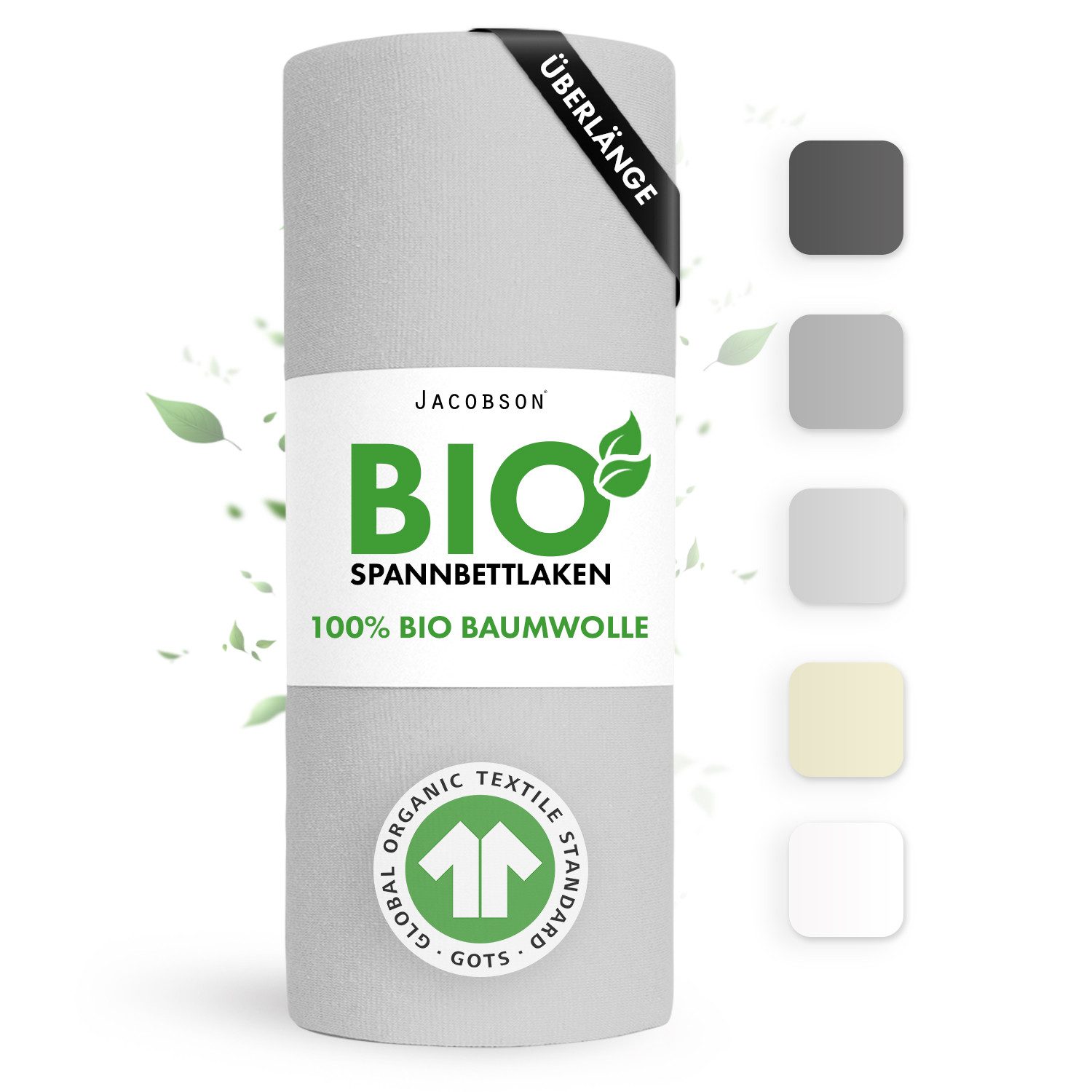Jacobson Spannbettlaken BIO, Jersey Spannbetttuch, Bettlaken 160 g/m², 100% BIO-Baumwolle, Gummizug: rundum, GOTS zertifiziert