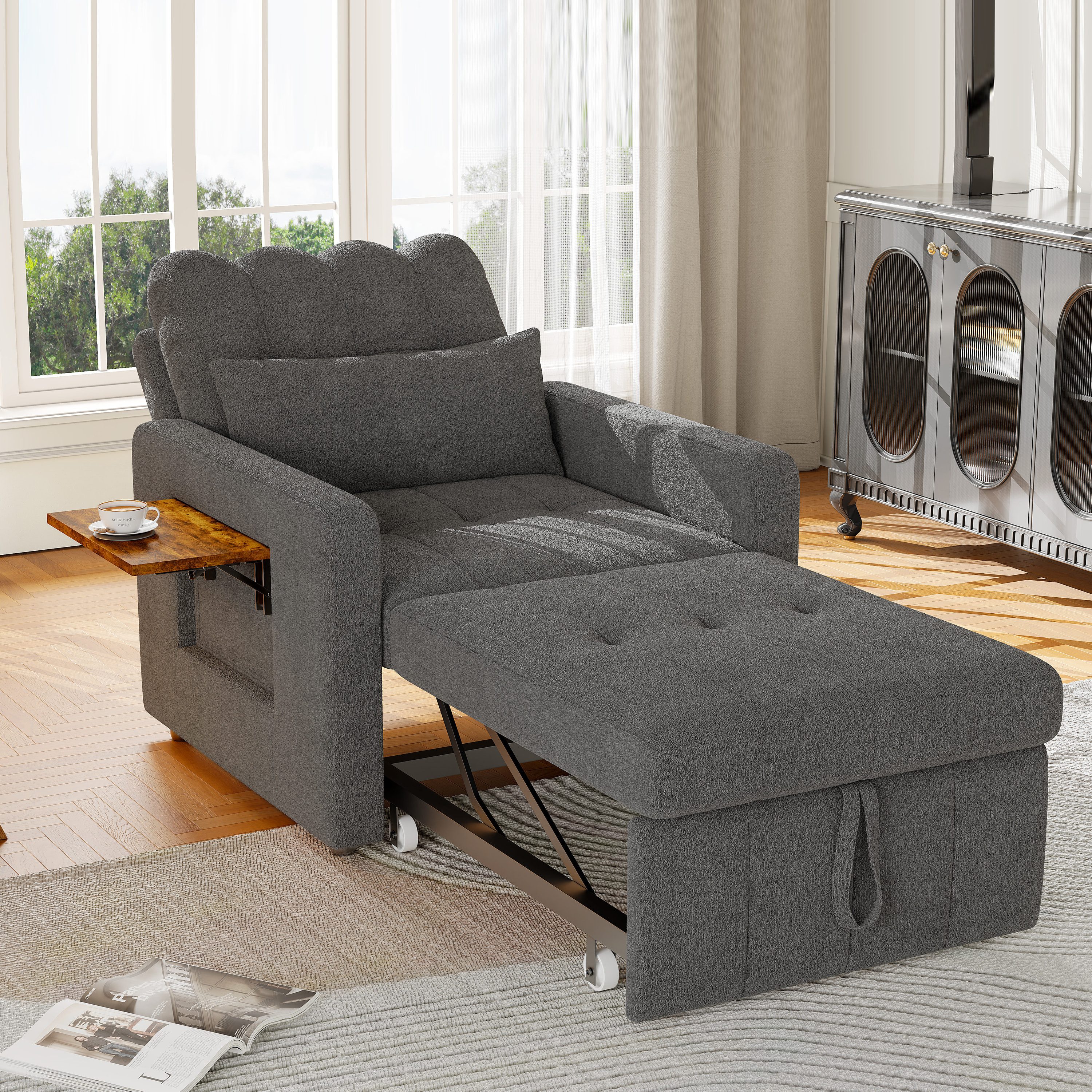 Simurq Relaxsessel Klappbarer Sessel, Chenille Schlafsessel, vielseitiger Einzelsessel, bequemer Fernsehsessel, mit Tischchen & Rollen für Wohnzimmer