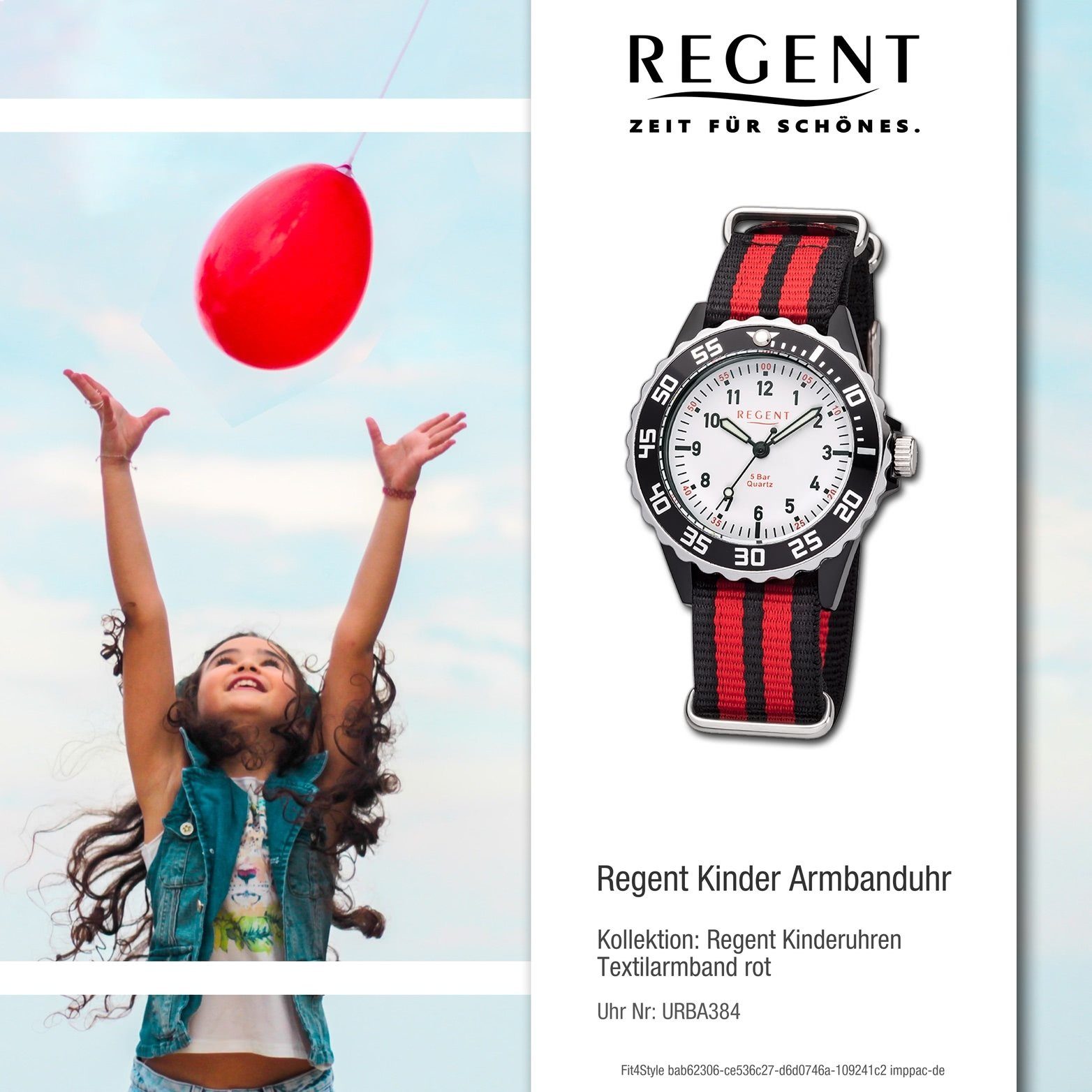Kinder-Jugend Textil rot, (35mm) mittel schwarz, Textilarmband Gehäuse, Regent Quarzuhr Uhr rundes F-1205, Regent Kinderuhr