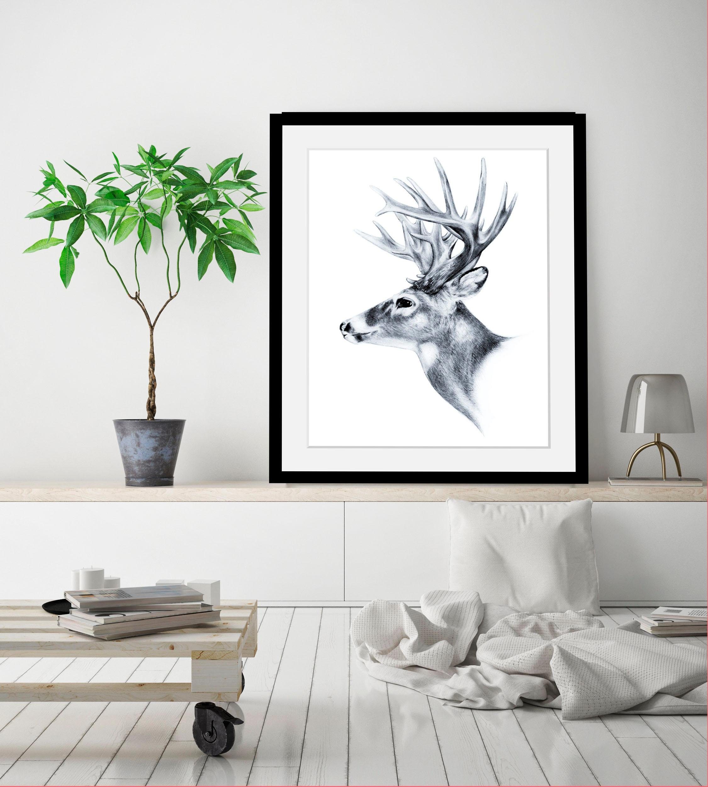 queence Bild Hirsch, Hirsch, Hirschbilder, Schwarz-Weiß, Tiere, Wildtiere, HD Premium Poster-Druck inkl. Holzrahmen
