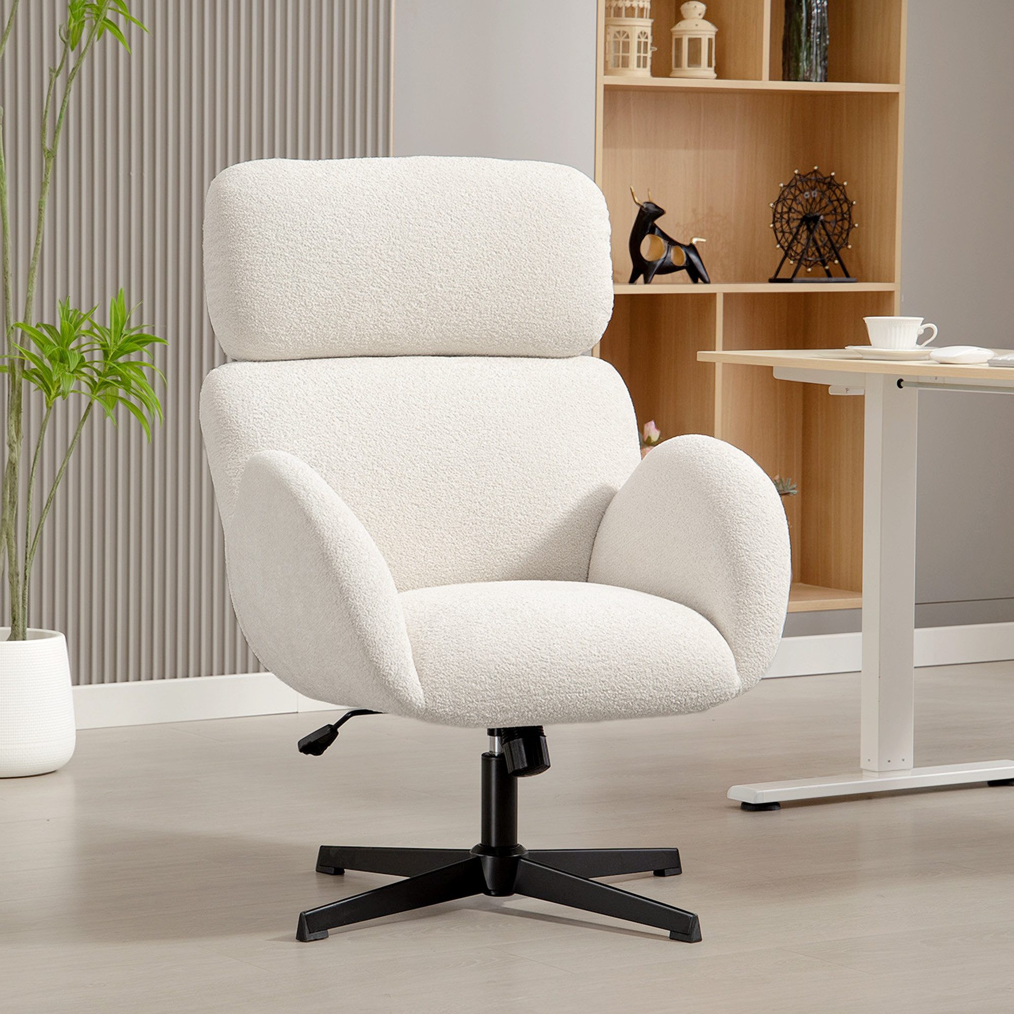 HOMCOM Bürostuhl Schreibtischstuhl Homeoffice Stuhl mit Samtoptik, höhenverstellbar (Drehstuhl, 1 St), für Schlafzimmer, Arbeitszimmer, Cremeweiß