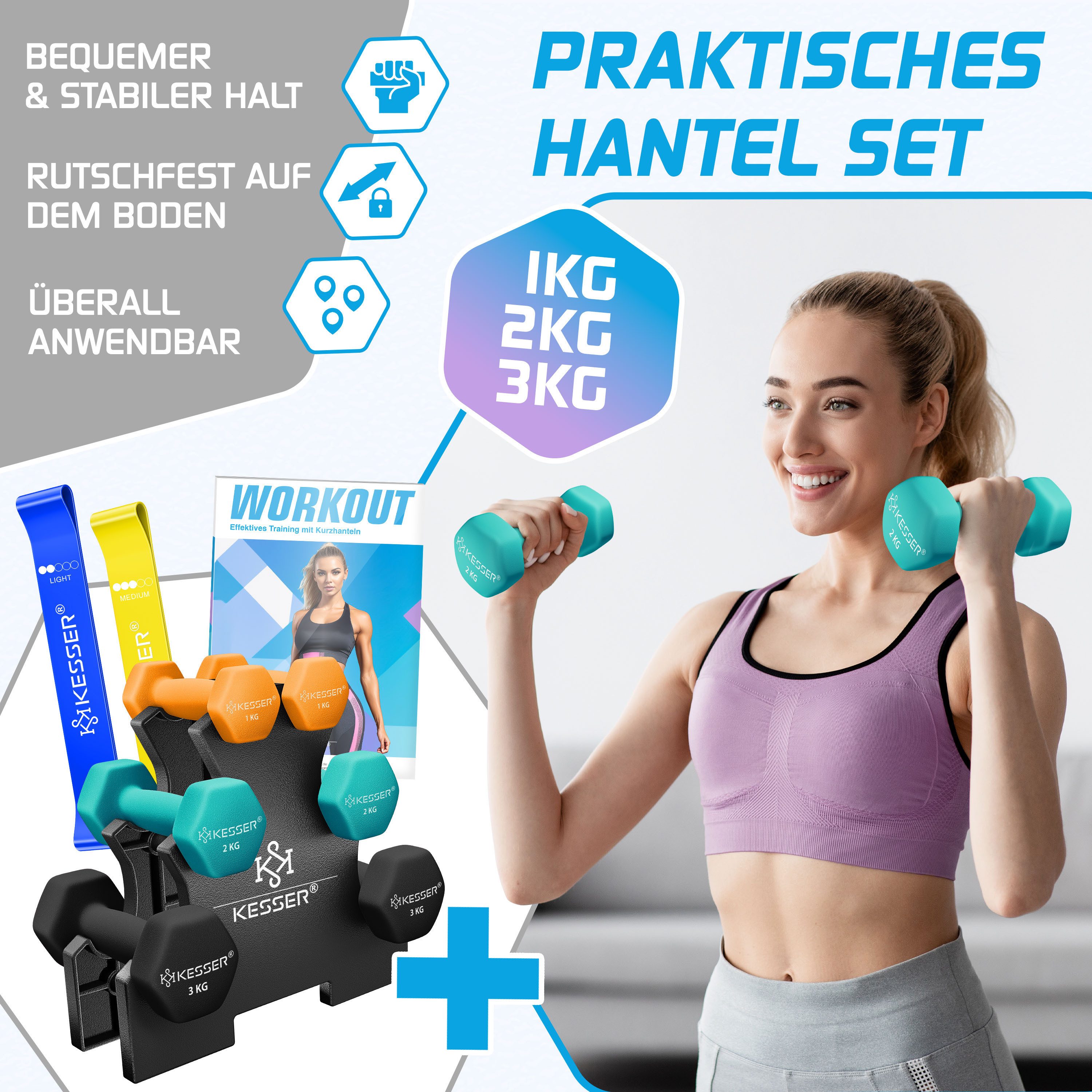 KESSER Hantel-Set, (12 kg Set 2 x (1+2+3)kg), Kurzhantel Gymnastikhanteln mit Ständer Aufbewahrung