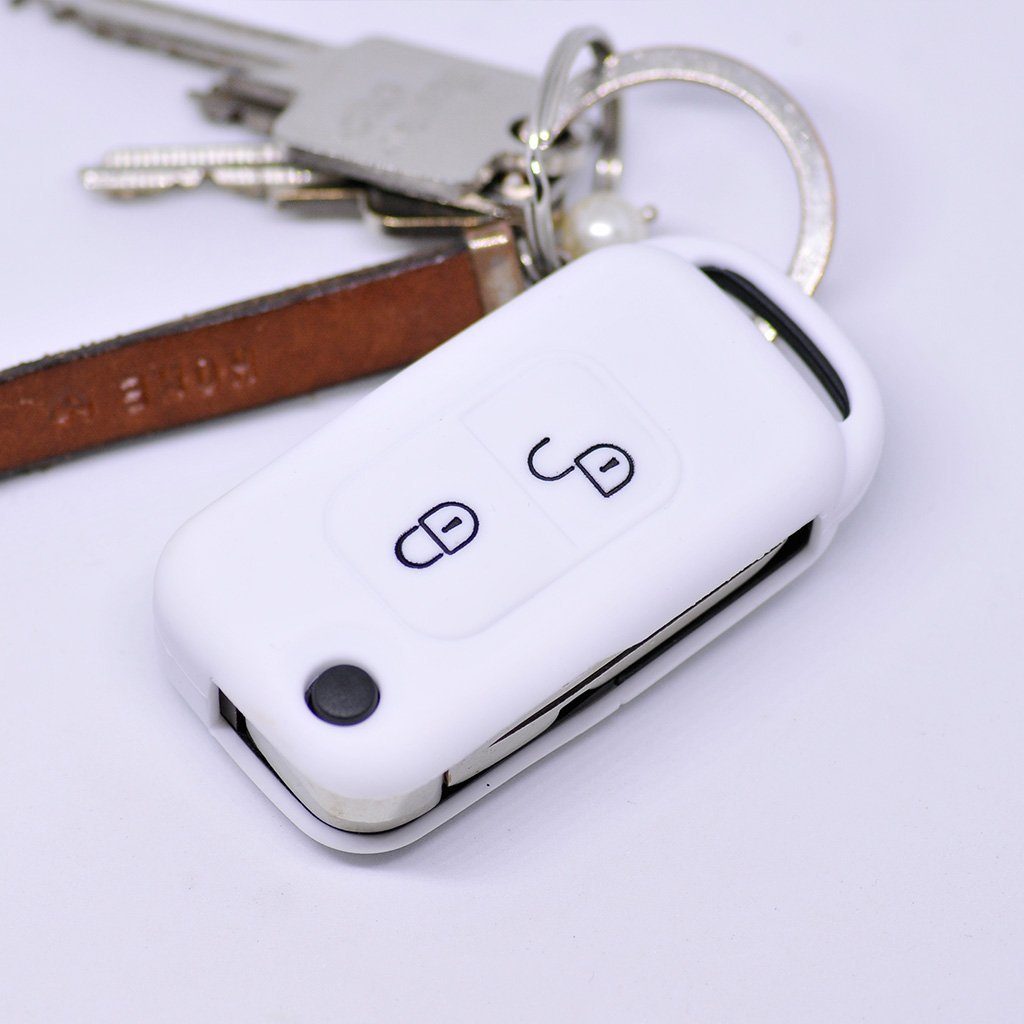 mt-key Schlüsseltasche Autoschlüssel Softcase Silikon Schutzhülle Weiß, für Mercedes Benz SLK A-Klasse R170 W168 2 Tasten Klappschlüssel
