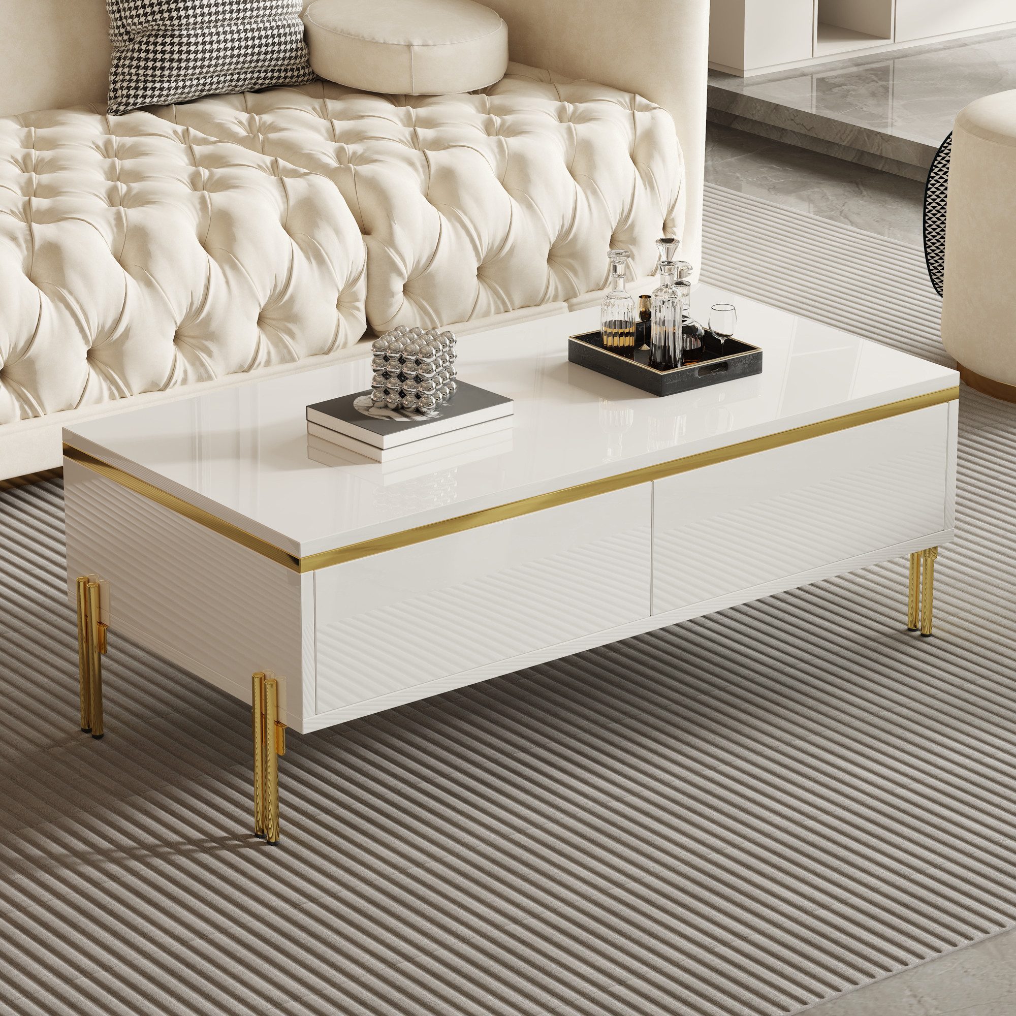 STILVORA Wohnzimmer-Set Hochglanz Couchtisch Sofatisch mit Schubladen Wohnzimmermöbel Weiß, (Packung, 1-St., mit beidseitigen Schubladen), multifunktional, Wohnzimmermöbel