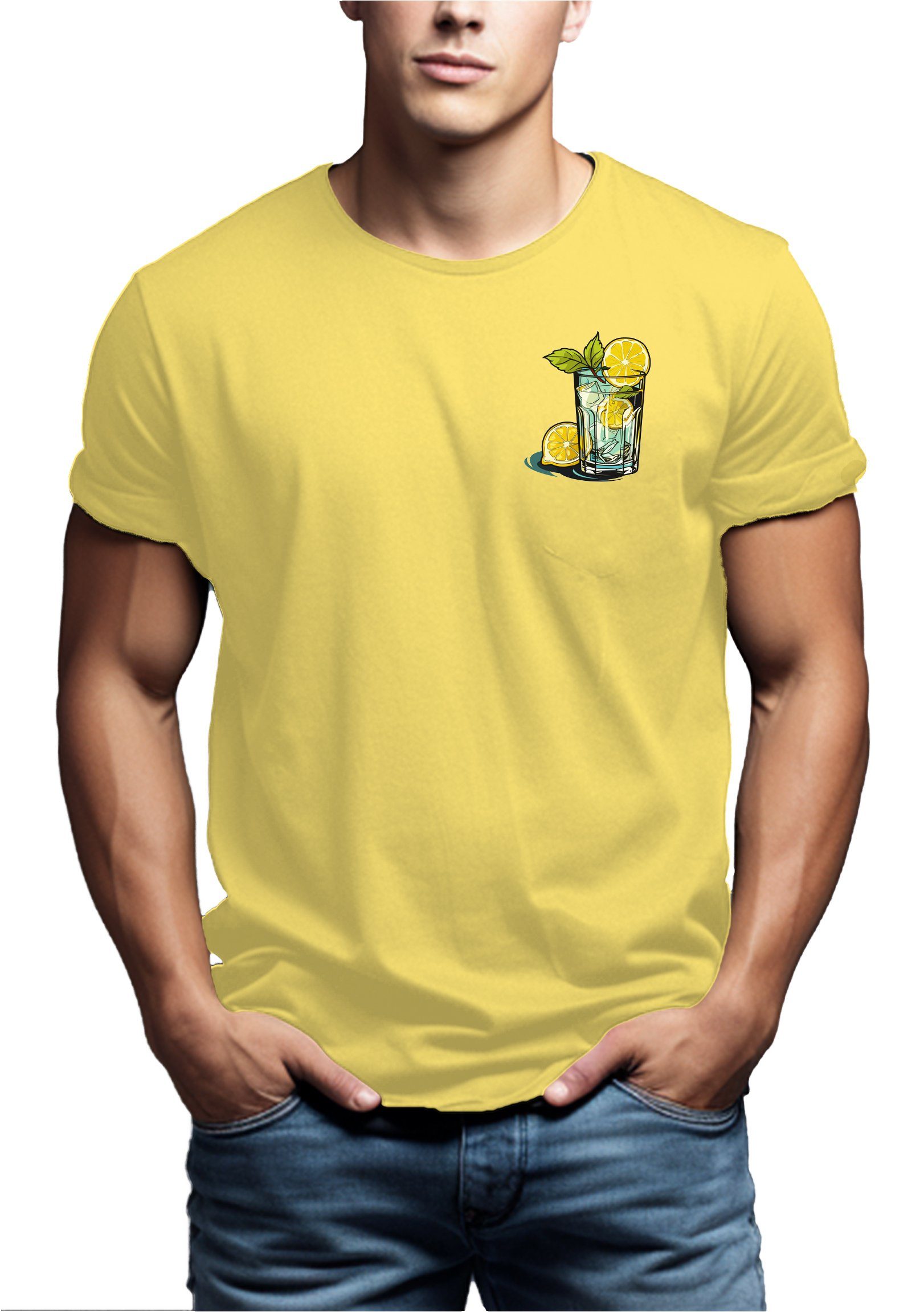 MAKAYA T-Shirt Herren Gin Tonic Sommer Gläser Baumwolle Gelb Print Aufdruck Motiv