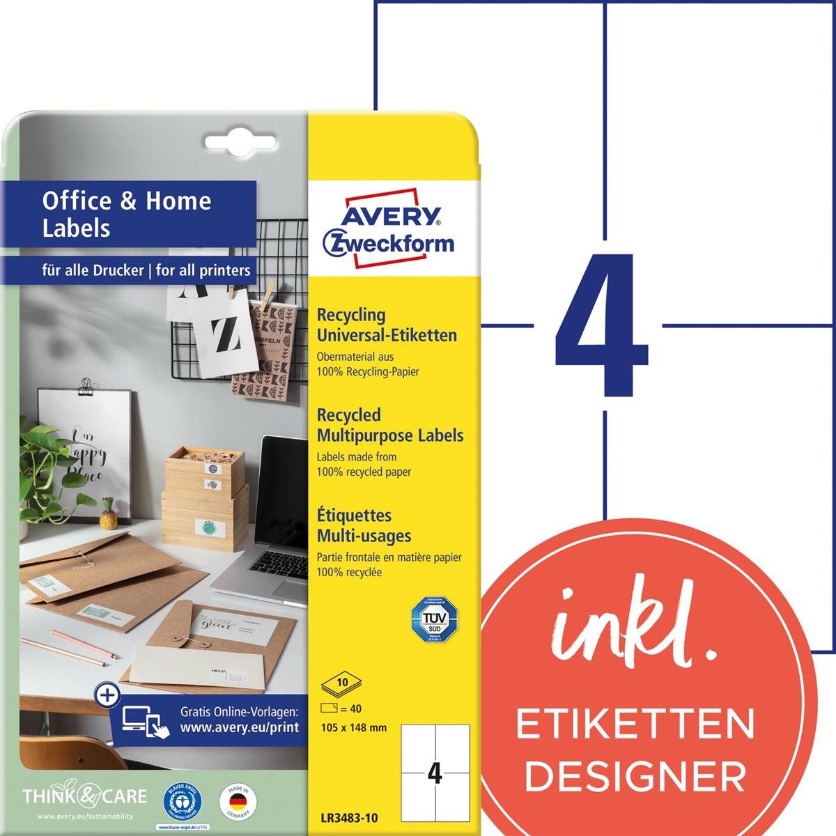 Avery Zweckform Etikett AVERY Zweckform LR3483-10 40 Etiketten weiß 105,0 x 148,0 mm