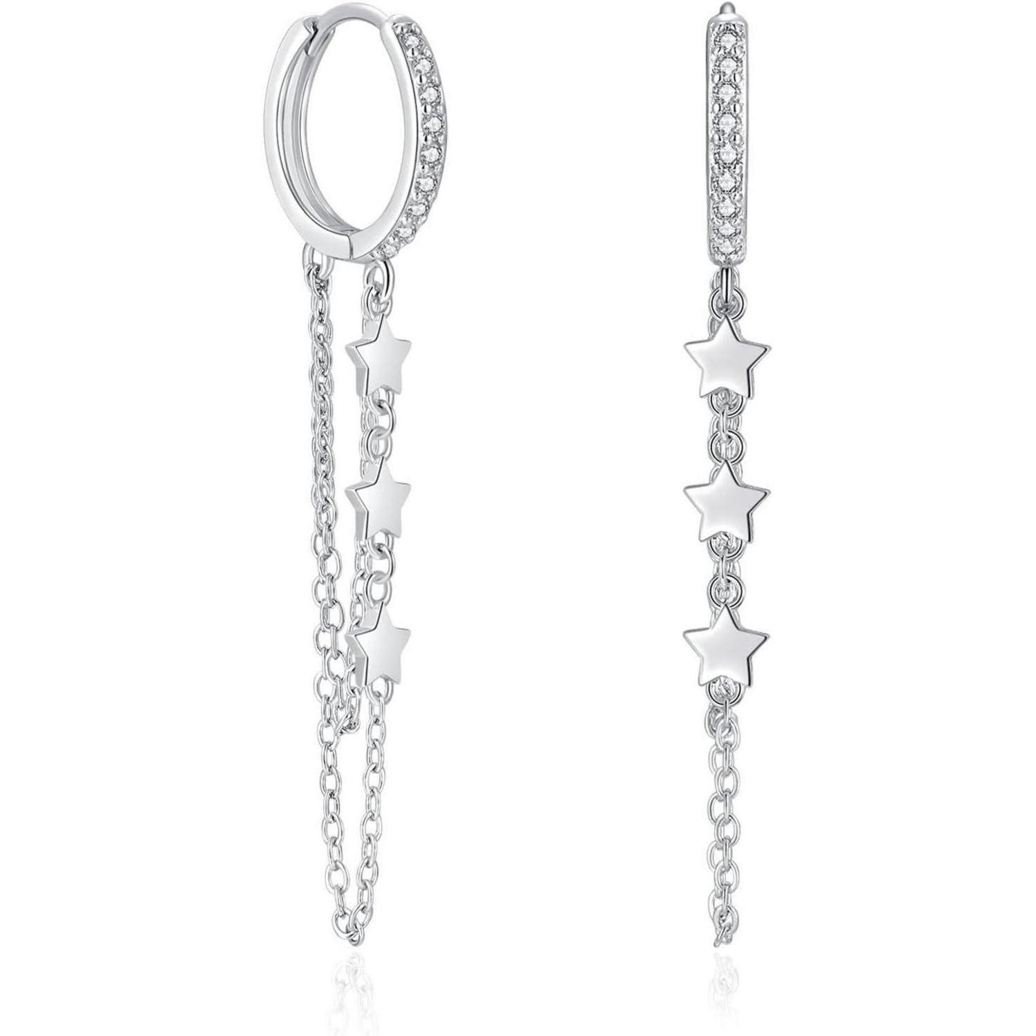 Paar Ohrhänger Creolen 925 Silber Huggie Hängend Quaste Kette Damen B Silber