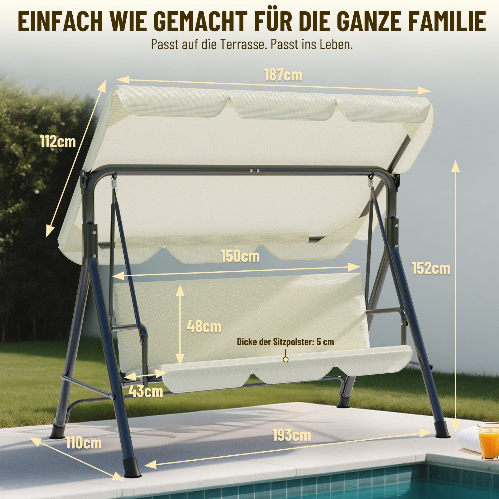 Huracan Hollywoodschaukel 3-Sitzer, Gartenschaukel mit Verstellbarem Sonnendach, 3-Sitzer, 193*110*152cm-Klassiker, UV-Schutz Wetterfest, Schaukelbank 220kg Belastbar