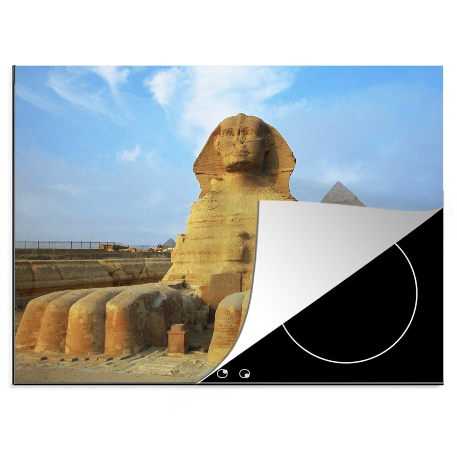 MuchoWow Herdblende-/Abdeckplatte Die Sphinx von Gizeh vor den Pyramiden in Ägypten, Vinyl, (1 tlg), 70x52 cm, Mobile Arbeitsfläche nutzbar, Ceranfeldabdeckung