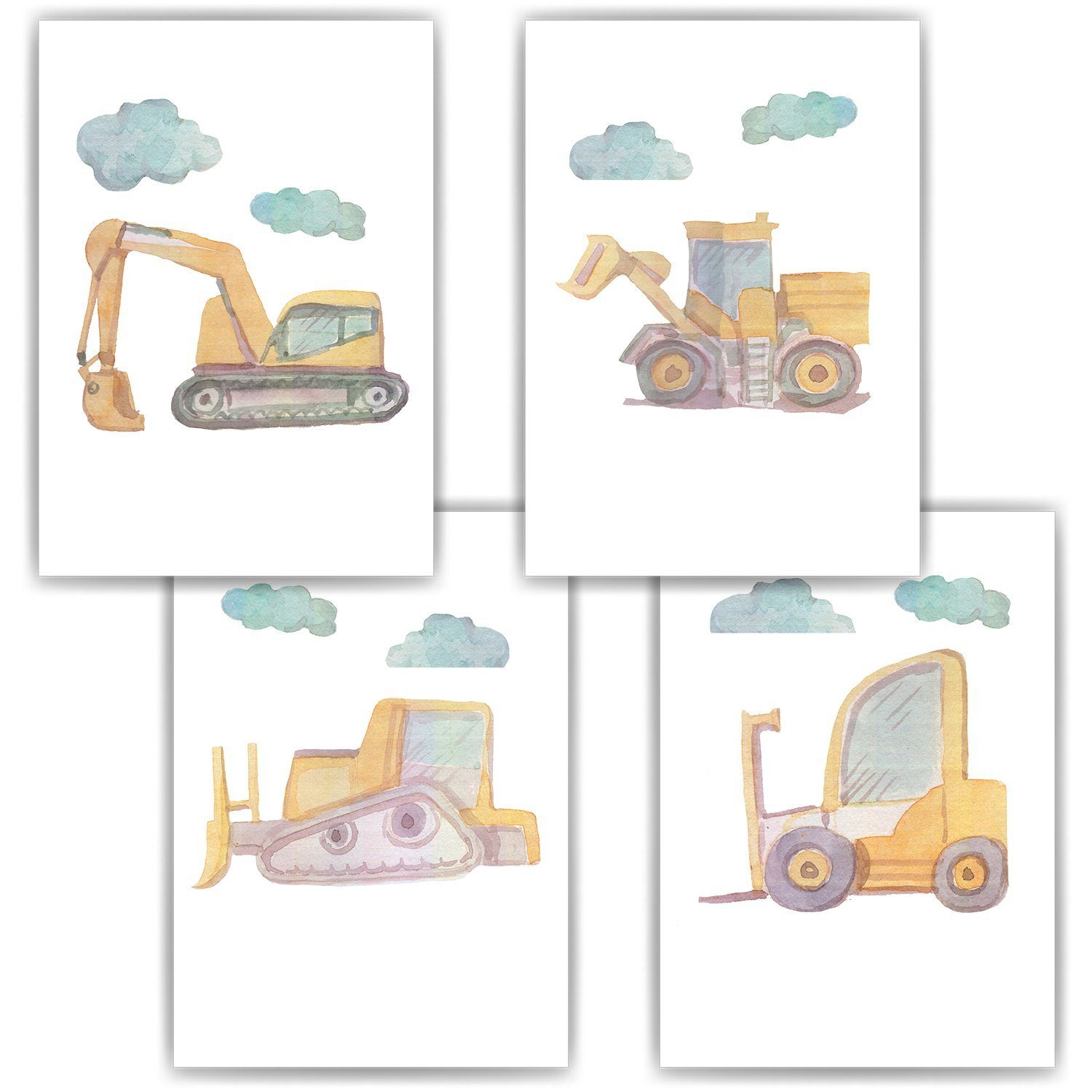 Tigerlino Poster Bagger Bulldozer Gabelstapler 4er Set Kinderzimmer Bilder günstig online kaufen