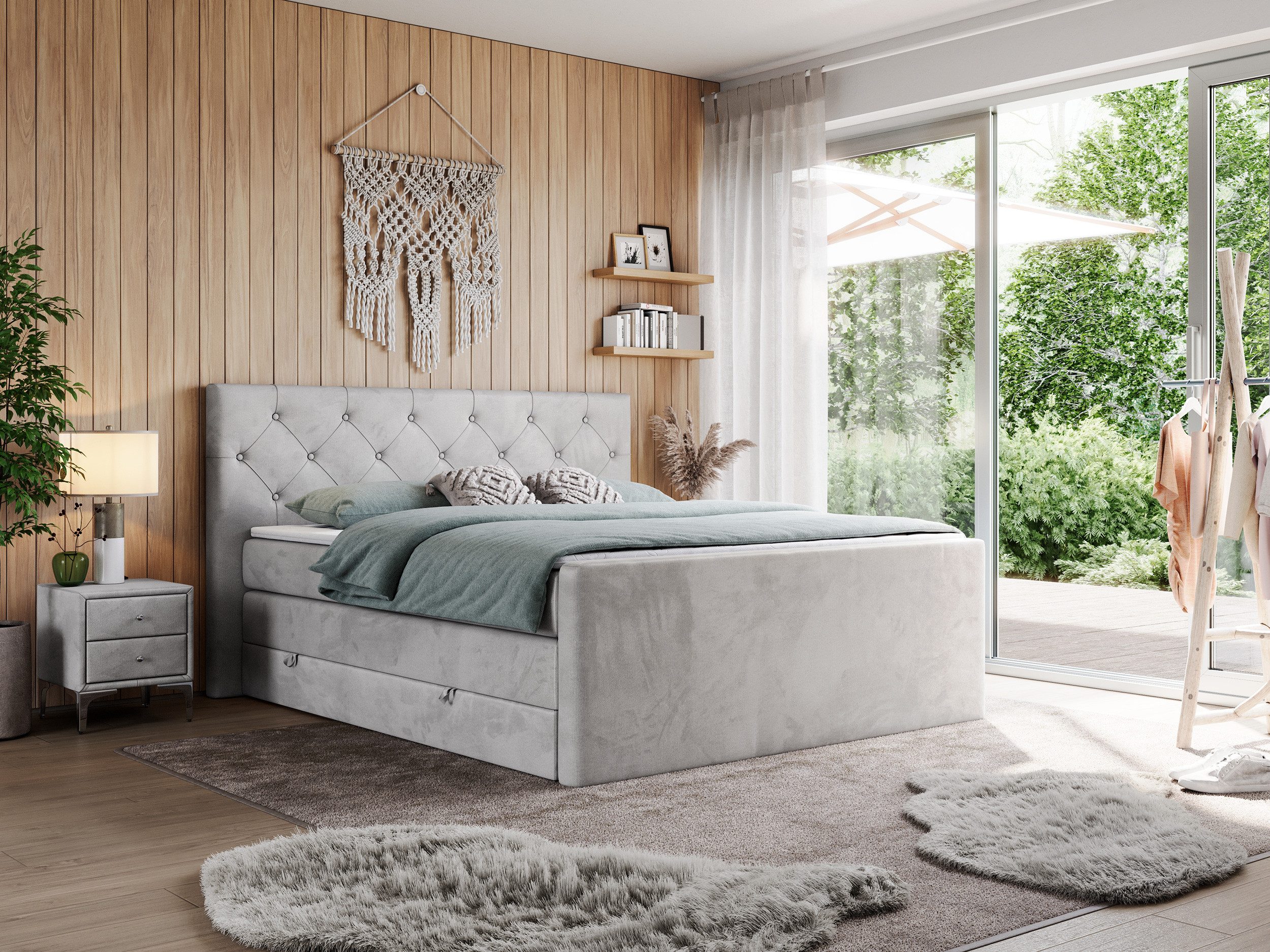 MKS MÖBEL Boxspringbett KING VELEN (T30-Schaum, Topper T25/Visco, Bonell-Federn), Doppelbett mit Multipocket-Matratzen, Polsterbett mit Kopfstütze