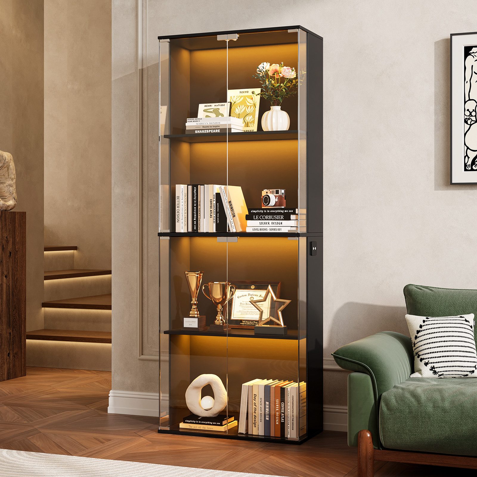 SVEYLXA Vitrine Moderne Vitrine mit LED Beleuchtung, 160 cm Hochschrank mit Glastüren (1-St) 4 Ebenen, Schwarz/Weiß