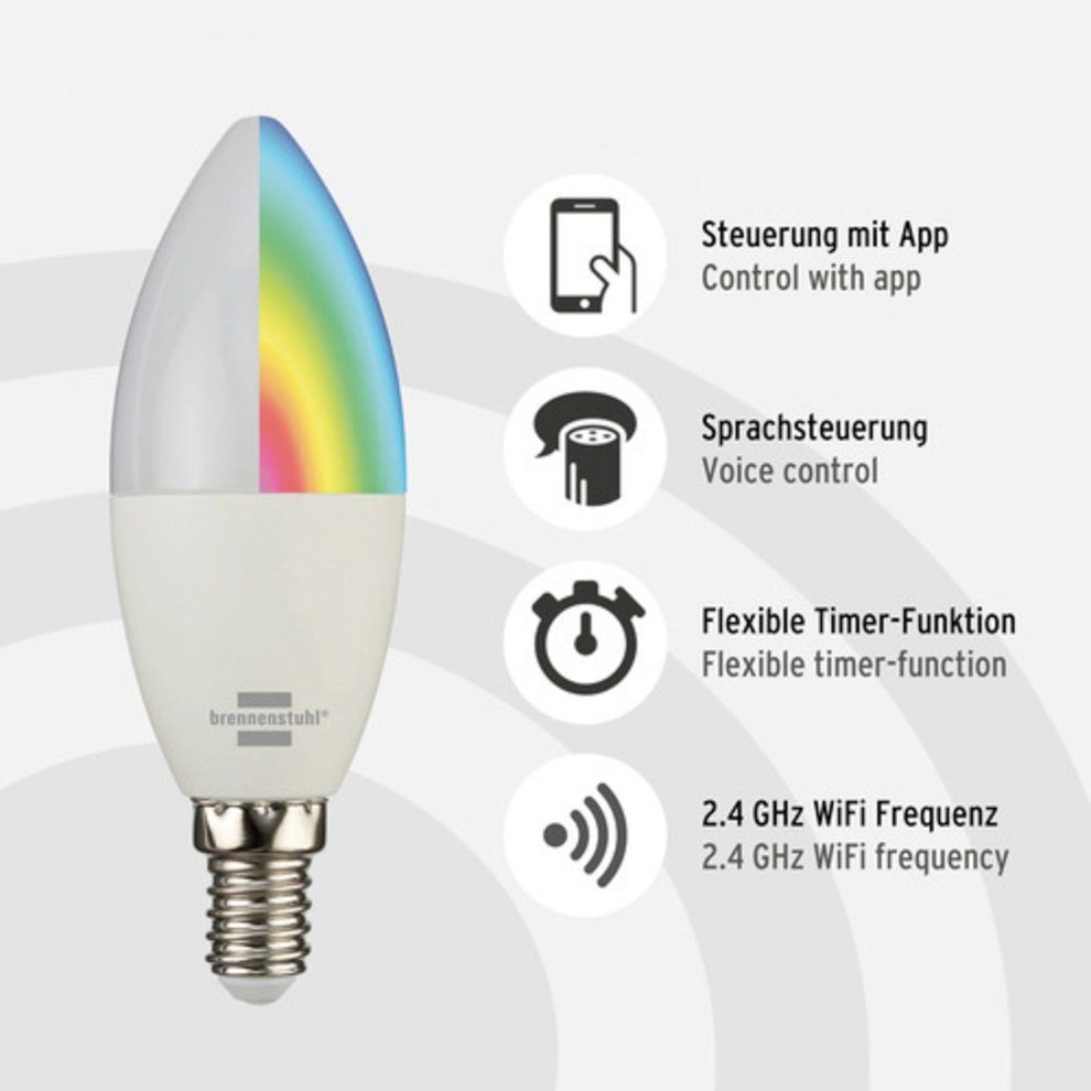 Brennenstuhl Farbwechsler, WiFi mit Connect SmartHome-fähig, E14, LED-Leuchtmittel SB 400, Timer