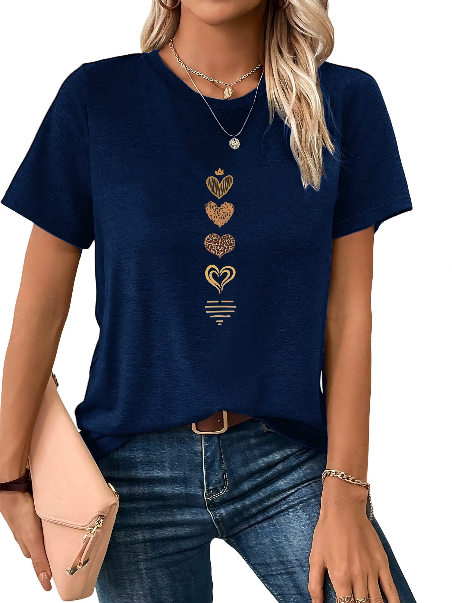 PYLIKE Kurzarmbluse Damen Casual Kurzarmshirt mit Doodle-Herz Druck bequemes t shirt