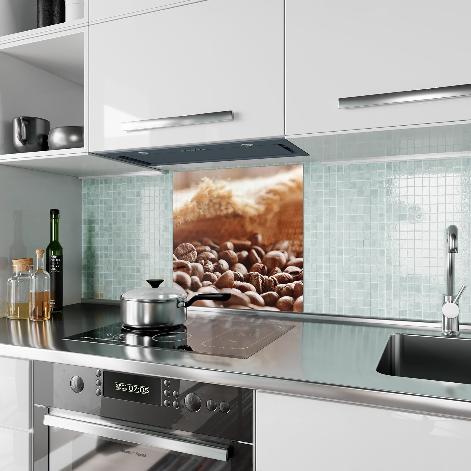 und Küchenrückwand Küchenrückwand Motiv mit Primedeco Leinensack Kaffeebohnen Spritzschutz Glas