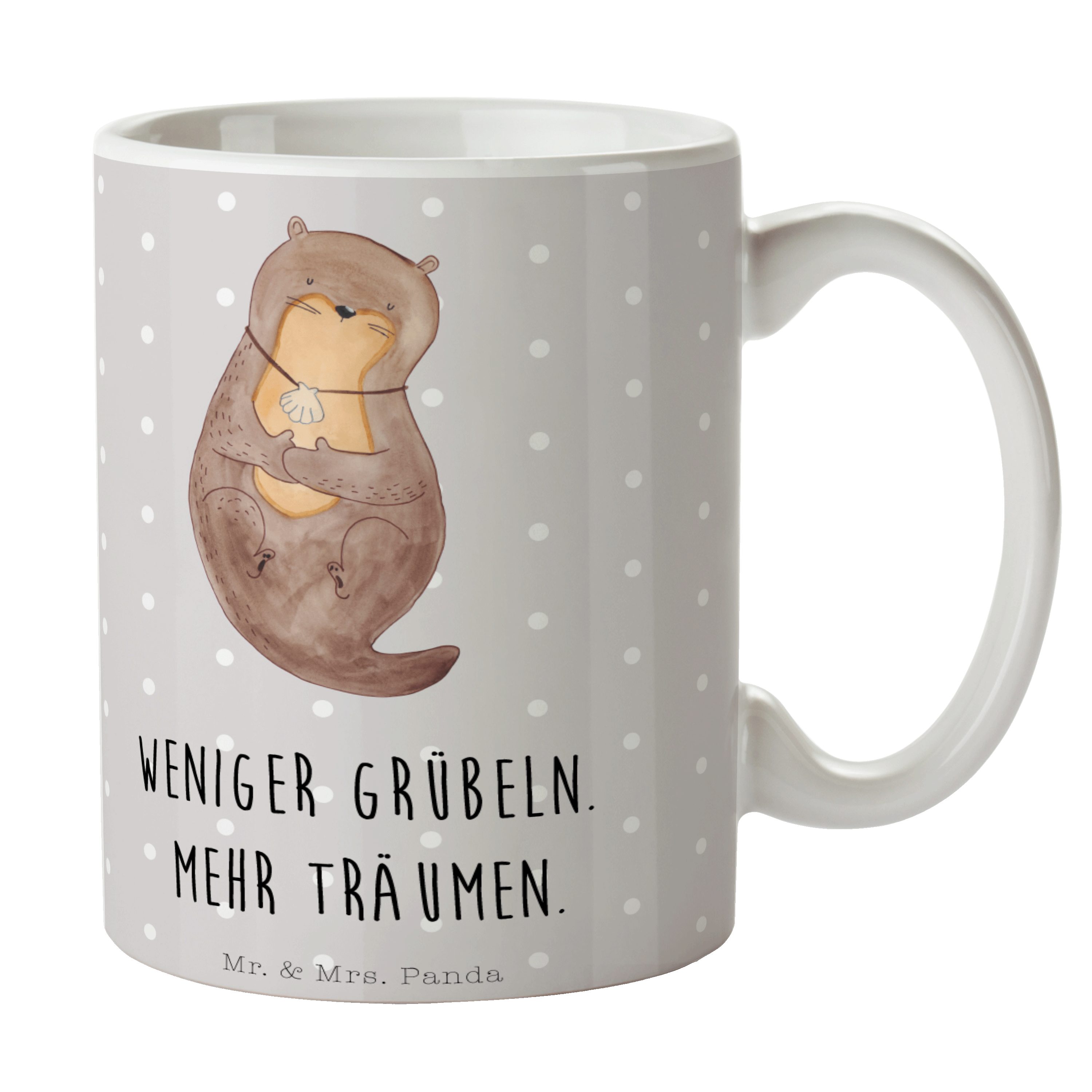 Mr. & Mrs. Panda Tasse Otter mit Muschelmedaillon - Grau Pastell - Geschenk, Fischotter, Tag, Keramik