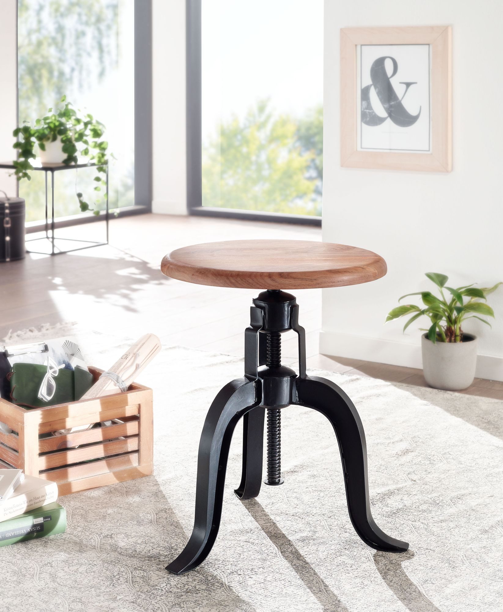 FINEBUY Drehhocker FB81748 Hocker Metall / Holz Massiv 39x62,5x39 cm Dekohocker Rund (Dekohocker Drehbar, Metallhocker Industrie Schwarz), 39x62,5x39 cm Akazie Massivholz / Metall Rund