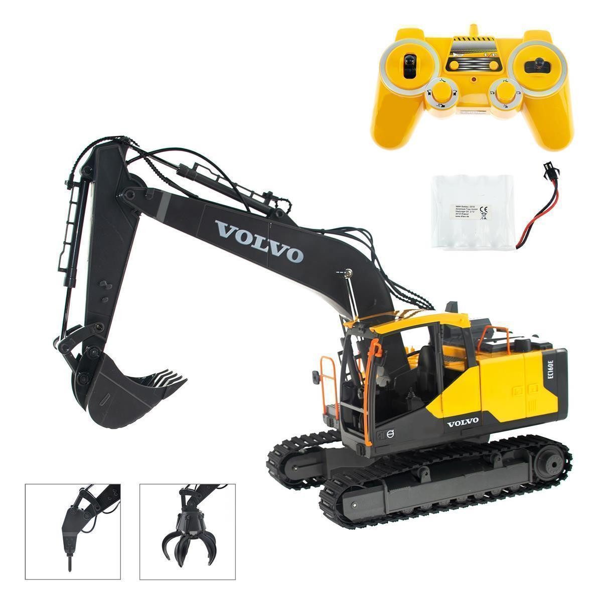 efaso RC-Bagger E568 VOLVO ferngesteuerter Bagger mit wechselbaren Werkzeug 1:16, + Ersatz-Akku 4,8V 700mAh