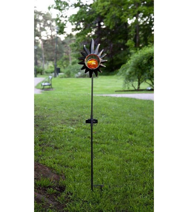 STAR TRADING LED Gartenleuchte Ein-/Ausschalter LED warmweiss Solar Gartenstecker Metall 85cm LED amberfarben Bruchglas Kugel Sonne