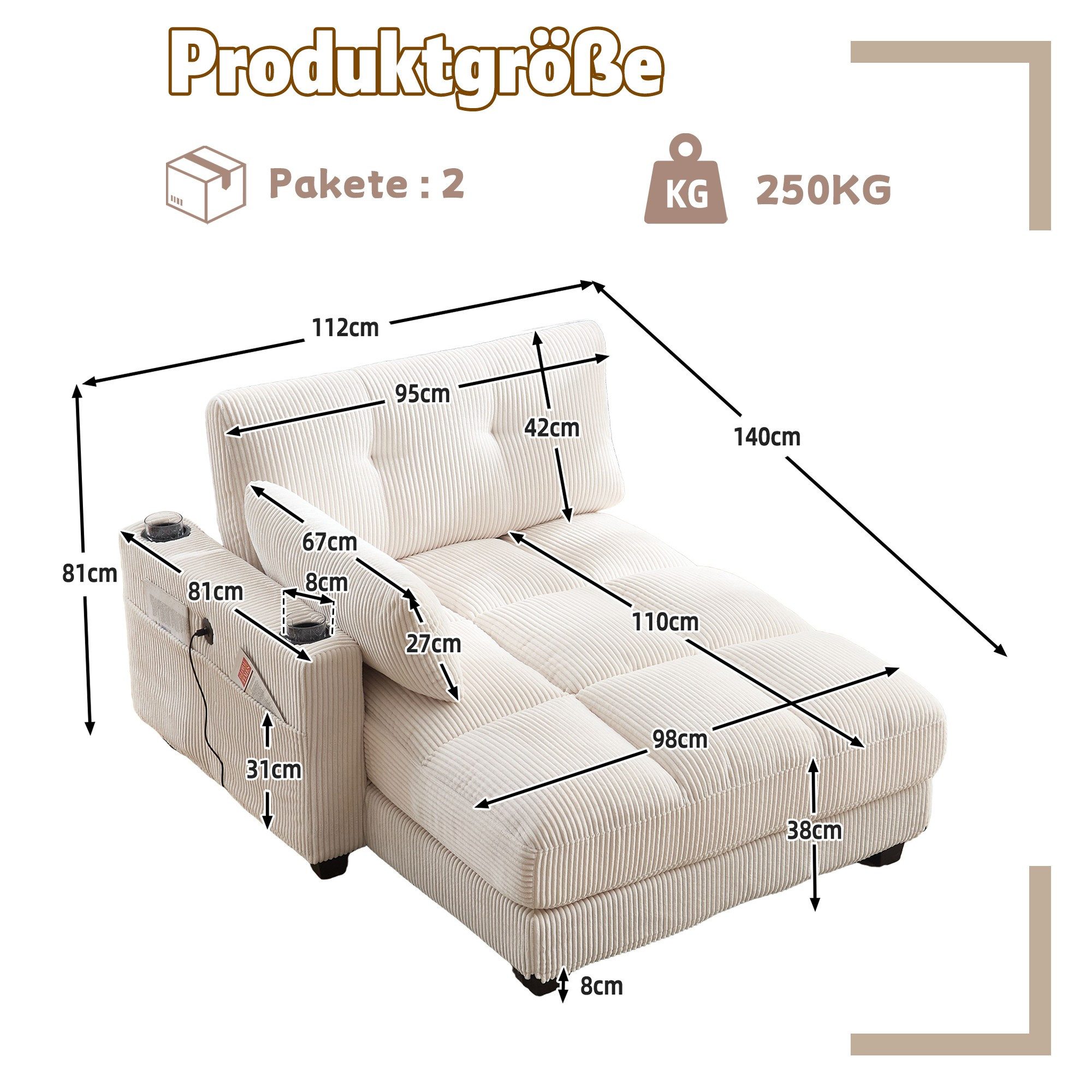 LVHOM Polsterliege Ottomane/Loungesofa/Polsterbett/Daybett/Gästebetten/Schlafsofa (USB/Typ C-Ladeanschlüssen, Seitentaschen, Getränkehalter, modularer Flexibilität Palmen Sessel, links & rechts tauschbare Armlehnen, Schlaffunktion, Platzsparend, 1-St., Multifunktional für Kleinwohnung, Homeoffice und Gästeübernachtung), Perfekt für Wohnzimmer, Schlafzimmer, Jugendzimmer, Gästezimmer