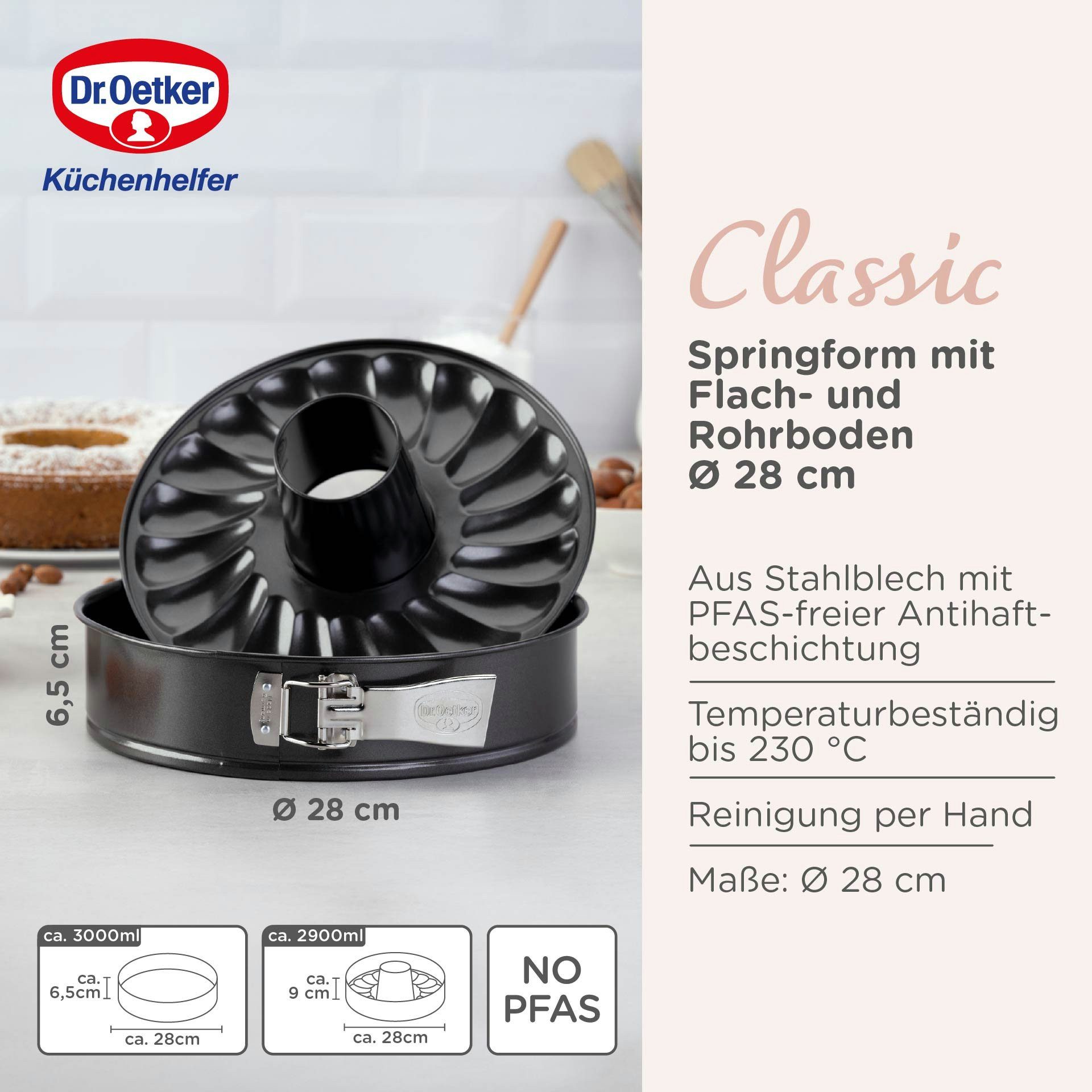 Dr. Oetker Küchenhelfer Springform Backform mit Flach- und Rohrboden, Kuchenform