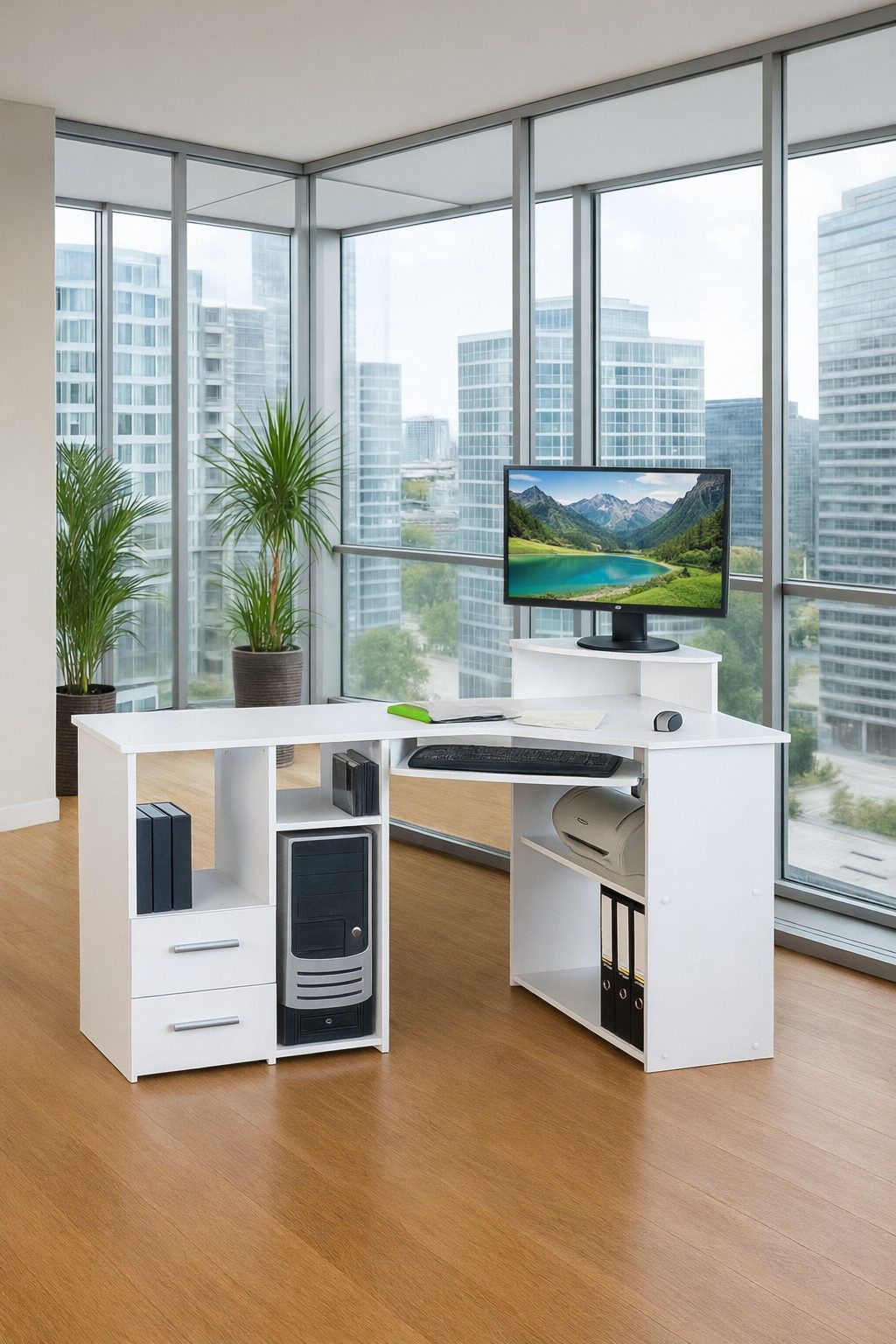 bv-vertrieb Eckschreibtisch Eckschreibtisch Sonoma Eiche dekor Bürotisch 137x44(73)x72(85), Monitoraufsatz, ausziehbare Tastatur, Desktopfach